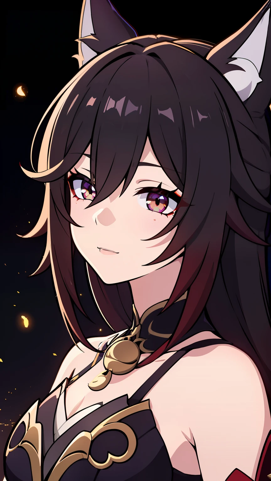 (high-quality, breathtaking),(expressive eyes, perfect face) 1girl, female, solo, portrait, honkai star rail inspired, medium, cheerful expression, Fox ears, Symmetrical Eyes, black background, fireflies background, soft lights, long hair length
