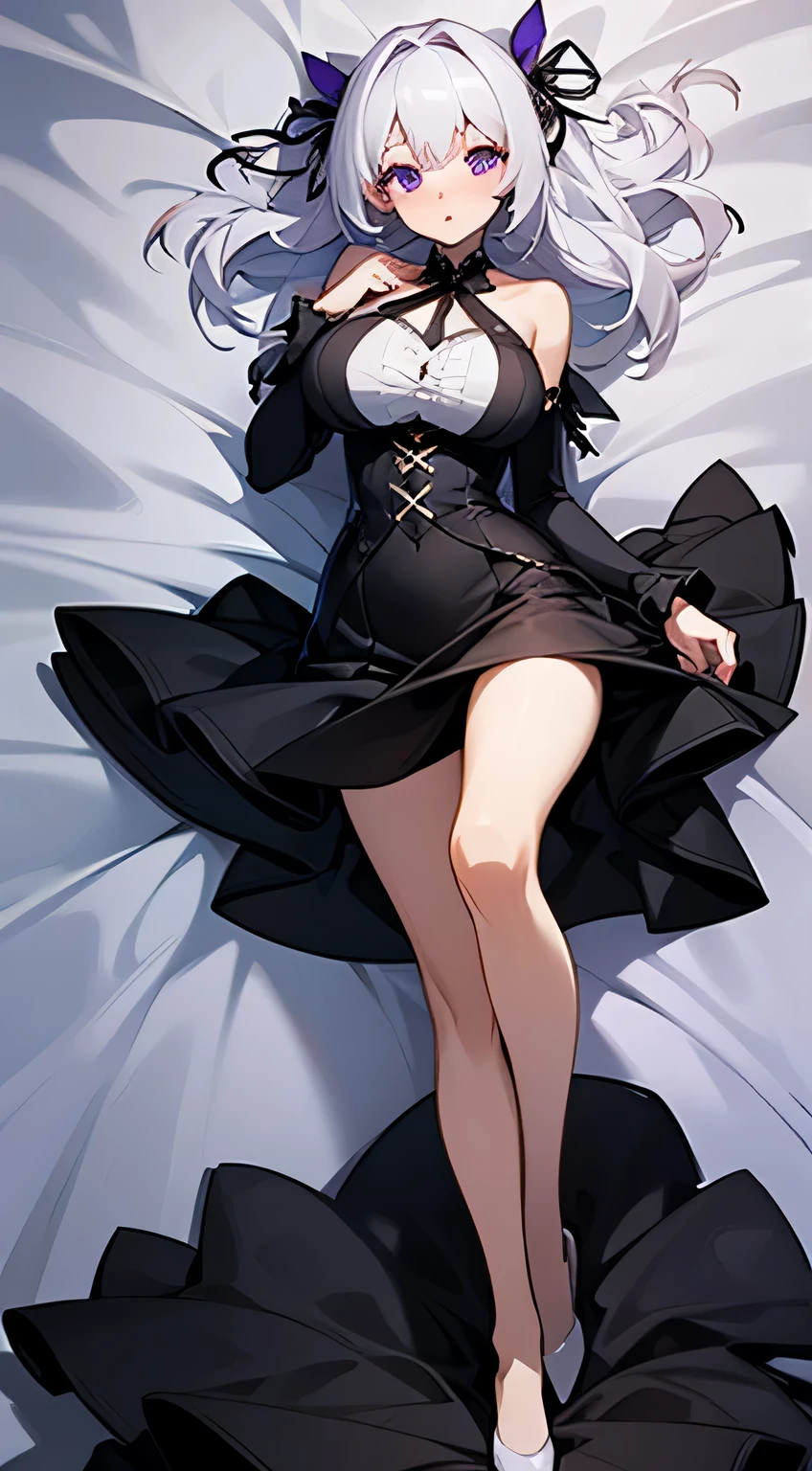 Best Quality, ultra-detailliert, very detailed illustration, silber hair, Aimei, embarrassed from,breastsout,((Suspender Skirt)),shed tears,a bed,laying on back,Black tie,