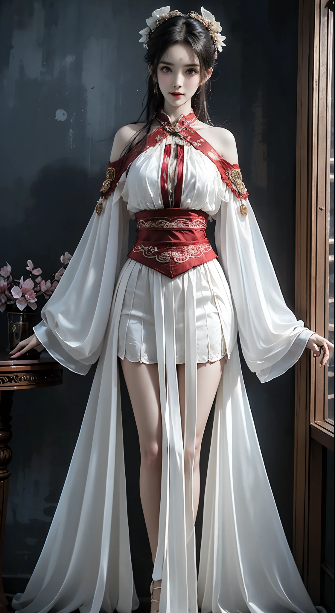 hanfu, Song Theme, Drawstring, Pipe top, ((Bare shoulders)), ((Full breasts)), ((The skirt is short)), ((Sexy legs)), ((whole body)), Practical, Fashion girl, Red lips, Mature women, Exquisite makeup, big eyes, beautiful, (best quality, masterpiece:1.2), Ultra Detailed, (Practical:1.37), ((Random scenes, Random shooting angles)), ((Sexy long legs)), Young and energetic, Charming model, (Delicateeyes, Delicate lips), Show a bright smile, Create stunning girl images, warm color, Very high color saturation, Official Art, Extremely detailed CG, Unity 8K Wallpaper, (High Dynamic Range :1.4), (Movie atmosphere),(Soft colors), (Natural skin texture, ultra-Practical, Soft Light, sharp),(Very detailed), night, moonlight