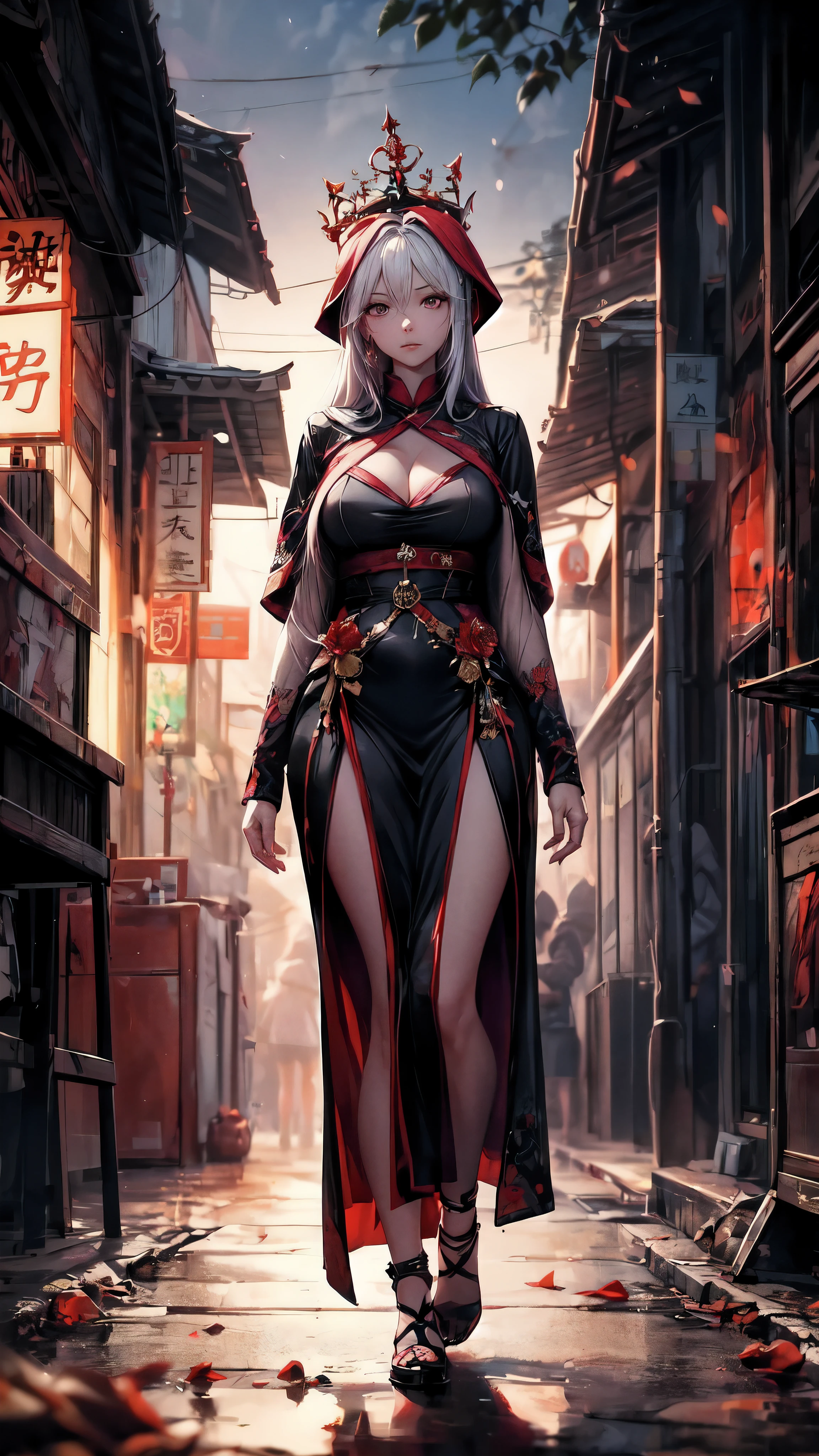 (masterpiece, best quality, beautiful modelshoot:1.4) of a stunning 25yo chinese 1girl, (full body view:1.6), (seductive pose:1.2), ???????:1.2, solo:1.5, red gauze, long black hair, sidebangs, ???? shoulders, (perfect face, perfect eyes, insanely beautiful face, perfect hands, beautiful fingers:1.5), (happy smile:1.2), hanfu, (looking at viewer:1.6), busy street background, colorful, highly detailed, ultra realistic, deep field of depth, (sharp focus:1.6), insanely intricate, 8k