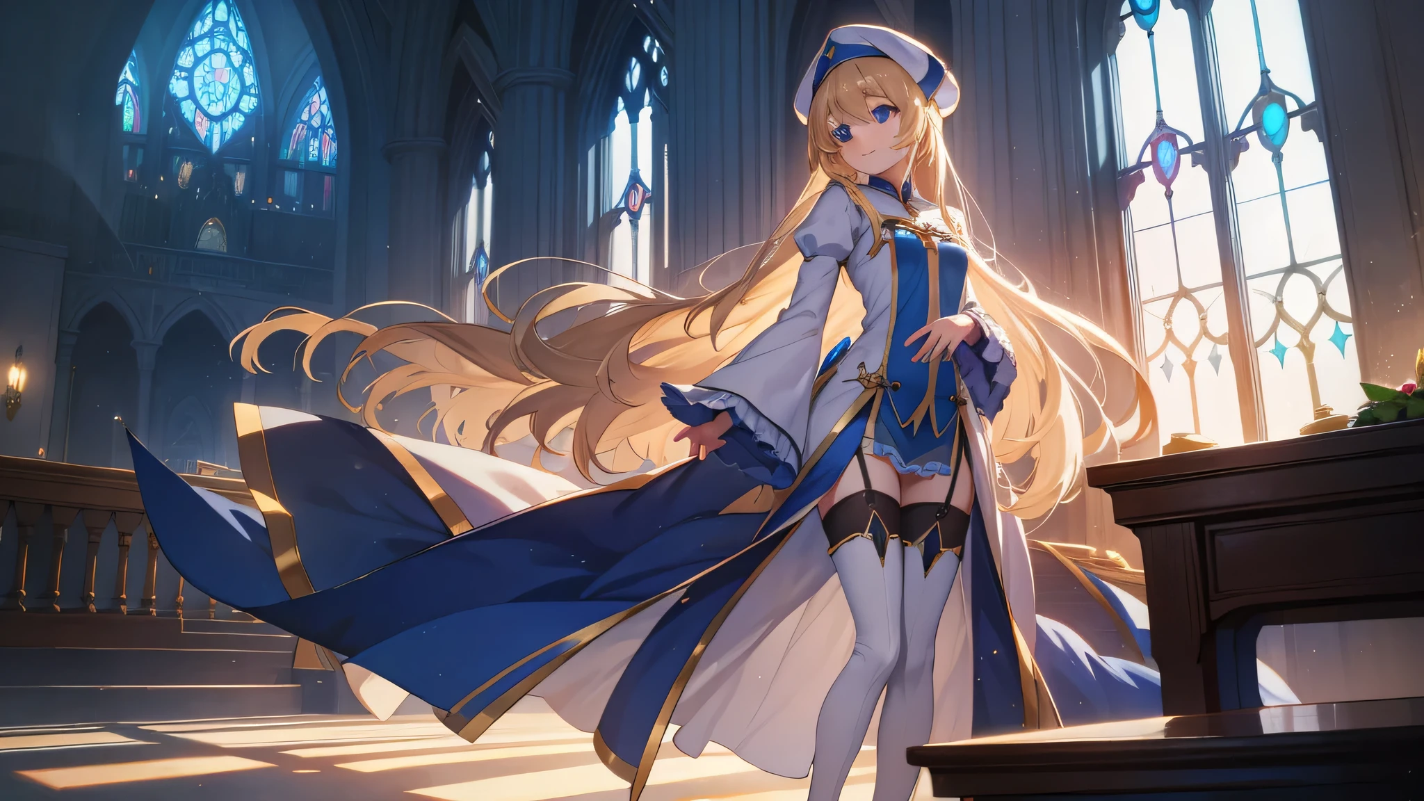 priestess, priestess, blonde hair, blue eyes, long hair, hair between eyes, (small breast:1.0), smile, BREAK boots, dress, frilled sleeves, frills, hat, white headwear, pelvic curtain, high heels, robe, thigh boots, thighhighs, white thighhighs, long sleeves, puffy sleeves, BREAK looking at viewer, BREAK indoors, church, BREAK (masterpiece:1.0), best quality, high resolution, unity 8k wallpaper, (illustration:0.8), (beautiful detailed eyes:1.0), extremely detailed face, perfect lighting, extremely detailed CG, (perfect hands, perfect anatomy),