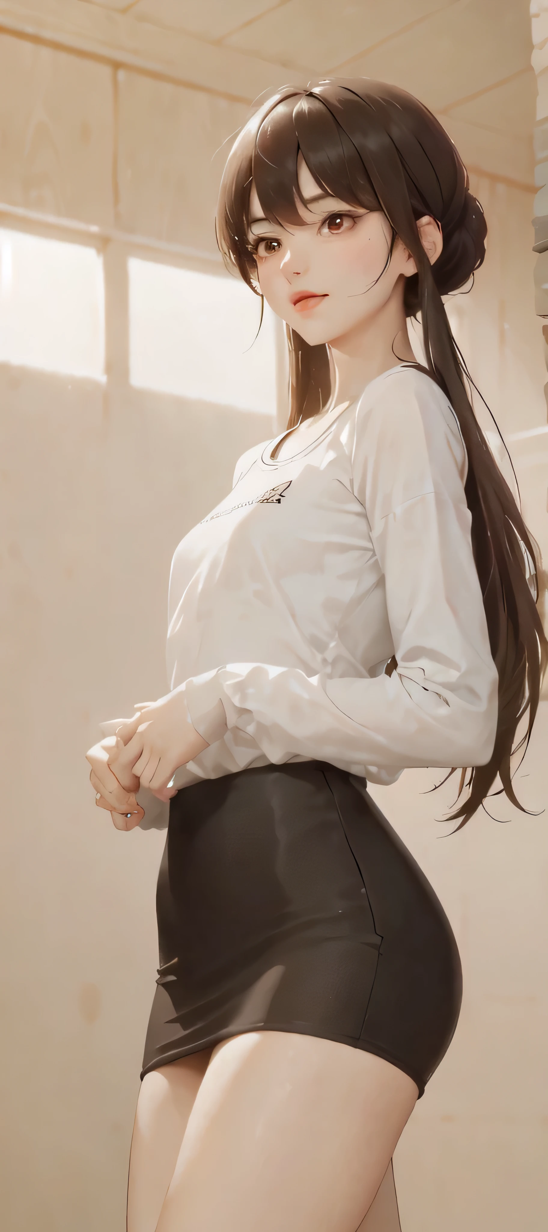 1 standing，/（casual shirt/）（Black pencil skirt：1.1），Become a，/（Brown hair/），/（There are sleeves/），Bangs，Laugh out loud，Small chest（Masterpiece of best quality：1.2）Exquisite illustrationsBREAK/（Indoor volleyball court/）
