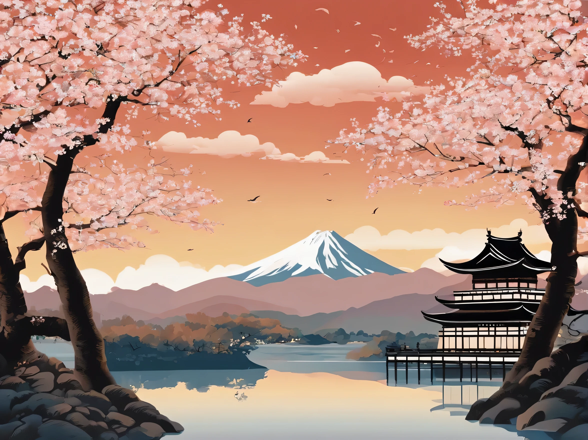 Japan's Edo Period、Ukiyo-e、Castle、cherry blossoms