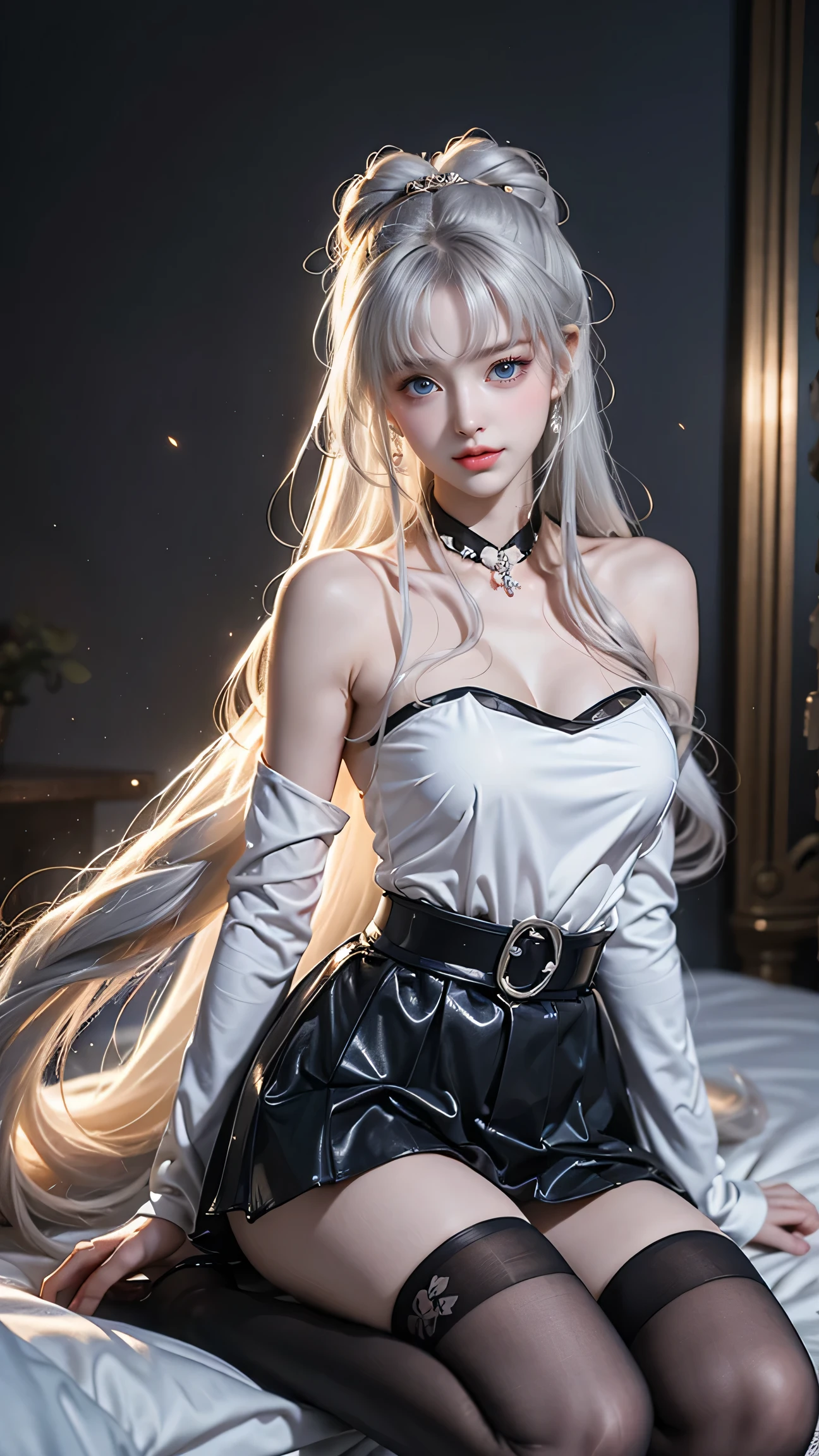 Top quality work，Actual work，Ultra Premium Graphics，8K HD CG works，High quality graphics，High-definition CG works，10x pixels，Extremely fine detail：1.1，Advanced Technical Details：1.1 Photorealistic，Indoor lighting effects：1.5，Natural light：1.5. Light effects（virtual Light effects：1.8），長いSilver Hair，Silver Hair，Transparent Hair，Hair with attention to detail（Premium Hair Detail：1.1）Clear Eyes，Beautiful double eyelids，Sharp eye makeup, Delicate eyelash makeup, Thin eyebrows, Highly detailed eyes，High nose, Nice red lips, Rose Cheeks, A face with subtle makeup , Cute face, perfectly balanced face,（Advanced Face Detail：1.1），Girl in maid outfit、 Cosplay, Knee socks, High heels, See-through,，The moonlight pours down like water，Foggy Room，Like a fairy in a painting，Slim sexy legs，A beautiful face is beautiful and delicate，Like a finely carved piece of jade、The waves in my eyes are like twinkling stars，Show the light of patience and wisdom。The bridge of the nose is straight，Cherry lip color, her face is clear，Her skin is as white as jade，Gives a healthy glow，Her makeup is light and subtle.，Not too decorative，A light-toned foundation enhances the clarity of your skin.，Eye makeup: eyeshadow and eyeliner，Make her eyes brighter and more cheerful、Add a touch of glamour and sophistication，Wear white to beat the snow，Clothes fluttering，It&#39;s about to be blown away by the wind，Drifting Away。Beautifully embroidered patterns on clothing，Without losing grace，Showing off incredible skills。Wear a wide belt around your waist，A transparent jade pendant hangs from it.，Swaying with her movements。Her hair is casually tied back，Fix with hosta，A few strands of hair are swaying gently in the wind，Add a little softness、Charmed everyone&#39;Note、Grace、mystery、full of power。