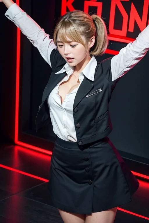School, classroom, girl crucified on blackboard, full body, arms spread horizontally, Christ pose, (remote_play), (remote_tremble), olchan-6500-v1.1, Pyros face_v1, highest quality, masterpiece, shape, (realistic, photo realistic:1.37), amazing, detailed, change settings absurd, large file size, very detailed, high resolution, very detailed CG unity 8k wallpaper, ray tracing, browsing caution, 1 woman, Japanese, 19-year-old girl, (dark blonde medium wave hairstyle that falls over one eye. Bangs are slicked back.:1.3), (slender body),(OL, secretary, white collared shirt, micro mini skirt),(blushing:1.4),(cleavage), eyes closed, Witness an individual who is overwhelmed by the intense stimulation caused by a powerful vibrating device. A jolt of pleasure or surprise causes her to instinctively twist, her body responding to the electrical vibrations, her eyes closed and mouth open, her expression a mixture of joy and sadness, surprise, and a hint of vulnerability. The energy of the scene is palpable, and the viewer is invited to share in the thrilling experience on this theme, red collar, slavery, shackles