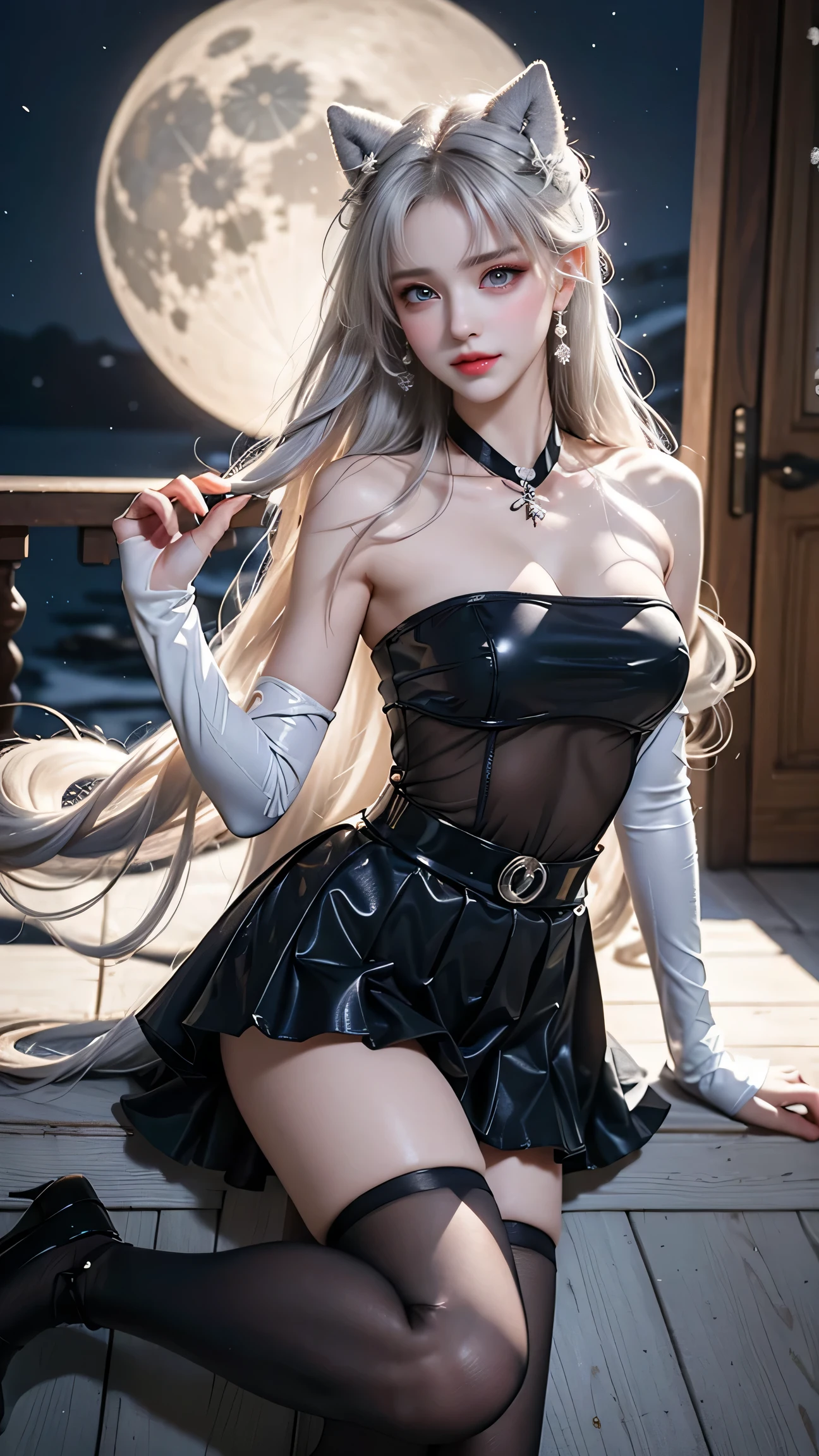 Top quality work,Actual work,Ultra Premium Graphics,8K HD CG works,High quality graphics,High-definition CG works,10x pixels,Extremely fine detail:1.1,Advanced Technical Details:1.1 Photorealistic,Indoor lighting effects:1.5,Natural light:1.5. Light effects(virtual Light effects:1.8),長いSilver Hair,Silver Hair,Transparent Hair,Hair with attention to detail(Premium Hair Detail:1.1)Clear Eyes,Beautiful double eyelids,Sharp eye makeup, Delicate eyelash makeup, Thin eyebrows, Highly detailed eyes,High nose, Nice red lips, Rose Cheeks, A face with subtle makeup , Cute face, perfectly balanced face,(Advanced Face Detail:1.1),Girl in maid outfit、 Cosplay, Knee socks, High heels, See-through,,The moonlight pours down like water,Foggy Room,Like a fairy in a painting,Slim sexy legs,A beautiful face is beautiful and delicate,Like a finely carved piece of jade、The waves in my eyes are like twinkling stars,Show the light of patience and wisdom。The bridge of the nose is straight,Cherry lip color, her face is clear,Her skin is as white as jade,Gives a healthy glow,Her makeup is light and subtle.,Not too decorative,A light-toned foundation enhances the clarity of your skin.,Eye makeup: eyeshadow and eyeliner,Make her eyes brighter and more cheerful、Add a touch of glamour and sophistication,Wear white to beat the snow,Clothes fluttering,It's about to be blown away by the wind,Drifting Away。Beautifully embroidered patterns on clothing,Without losing grace,Showing off incredible skills。Wear a wide belt around your waist,A transparent jade pendant hangs from it.,Swaying with her movements。Her hair is casually tied back,Fix with hosta,A few strands of hair are swaying gently in the wind,Add a little softness、Charmed everyone'Note、Grace、mystery、full of power。