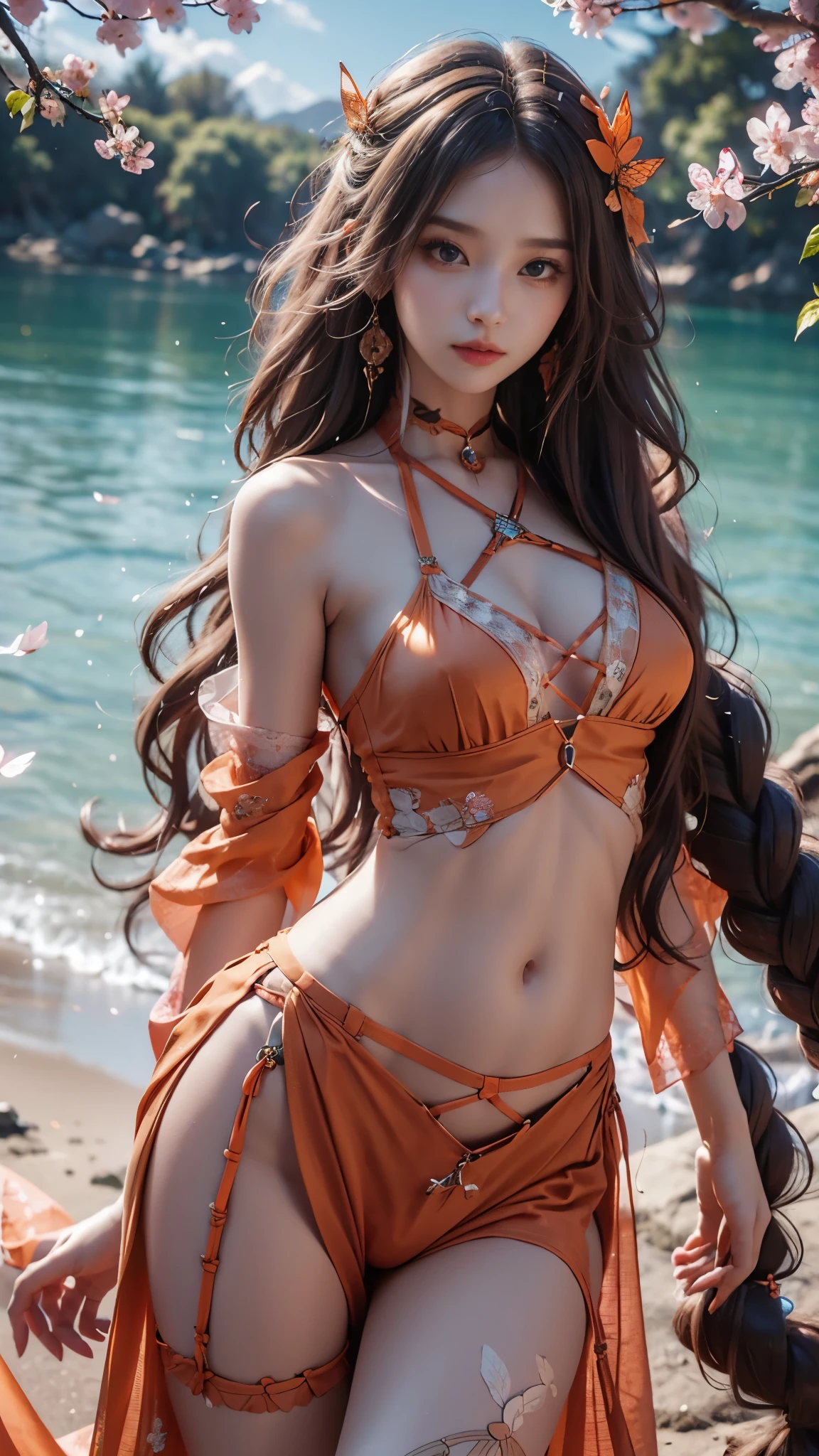 8K, ultra hd, masterpiece, hd colors, 1 girl, perfect face, very long curly hair, detailed eyes, simple clothing, ((orange clothing)), stocking, ((criss-cross lace)), very long sardine, straps, strips, ((lace all around the belly)), bare waist, net clothing, ((long loops)), jwellery, waterside, Realistic scenery, epic scenery, sun rising, evening, clouds, Butterfly, cherry blossom, blowing wind, perfect pose,