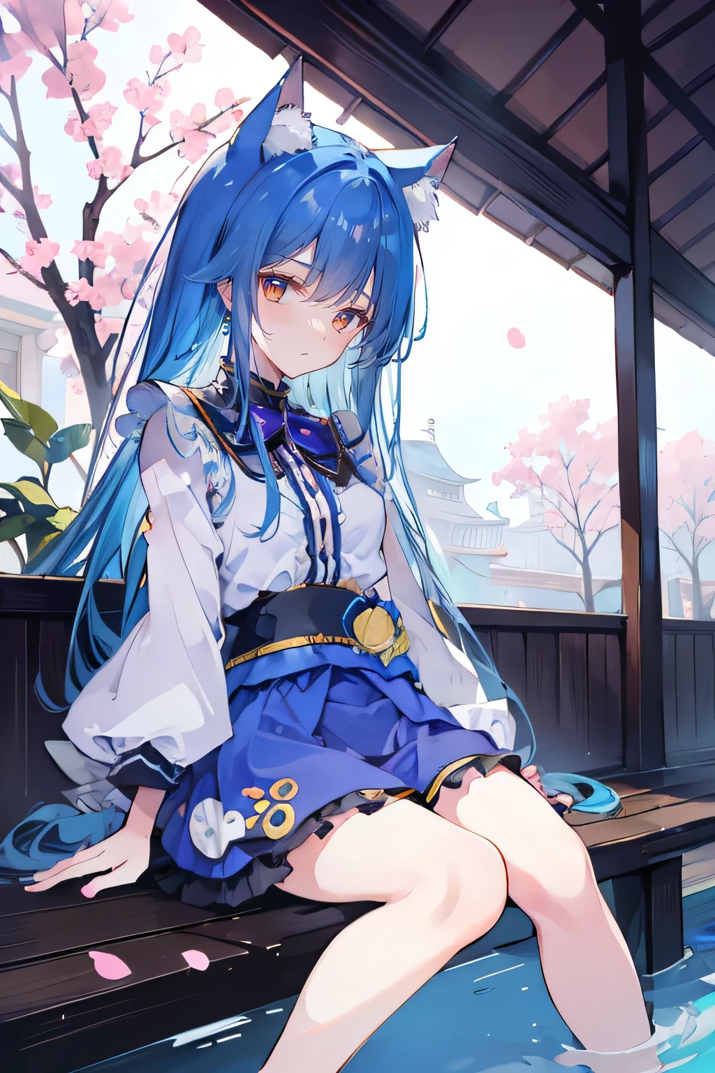 (masterpiece:1.2),ultra-detailed,realistic,expressive eyes,fair-skinned,perfectly shaped face,1girl,
Japanese cartoons,Gorgeous blue hair, flowing blue hair,floating clothes,cat ears,petals falling,beautiful Lola,Hina Angel,
hands on waist,gracefully sitting on the ground,legs crossed,gentle and serene background,cool and comfortable pavilion.