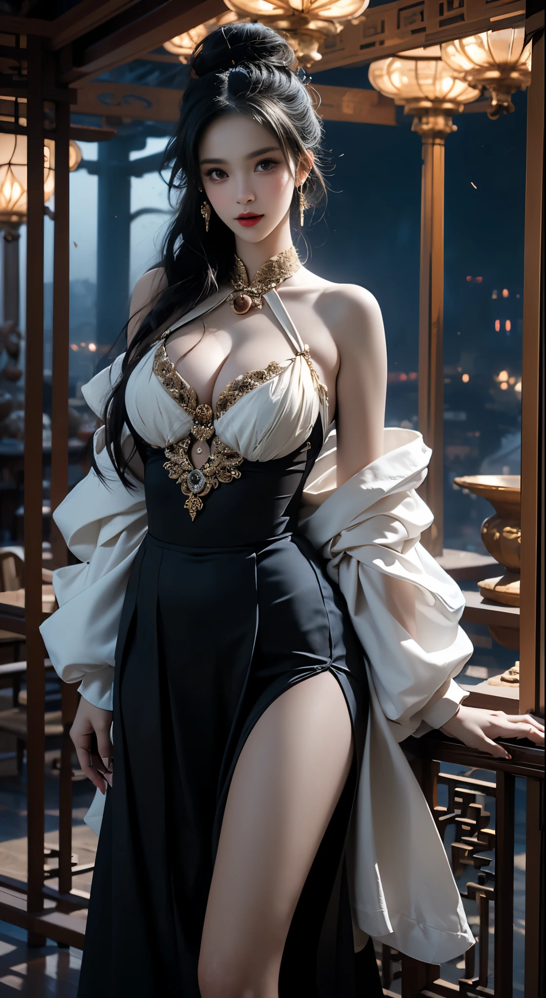 elaborate Hanfu, ((Bare shoulders)), ((Full breasts)), ((The skirt is short)), ((Sexy legs)), ((whole body)), Practical, Fashion girl, Red lips, Mature women, Exquisite makeup, big eyes, beautiful, (best quality, masterpiece:1.2), Ultra Detailed, (Practical:1.37), ((Random scenes, Random shooting angles)), ((Sexy long legs)), Young and energetic, Charming model, (Delicateeyes, Delicate lips), Show a bright smile, Create stunning girl images, warm color, Very high color saturation, Official Art, Extremely detailed CG, Unity 8K Wallpaper, (High Dynamic Range :1.4), (Movie atmosphere),(Soft colors), (Natural skin texture, ultra-Practical, Soft Light, sharp),(Very detailed), night, moonlight