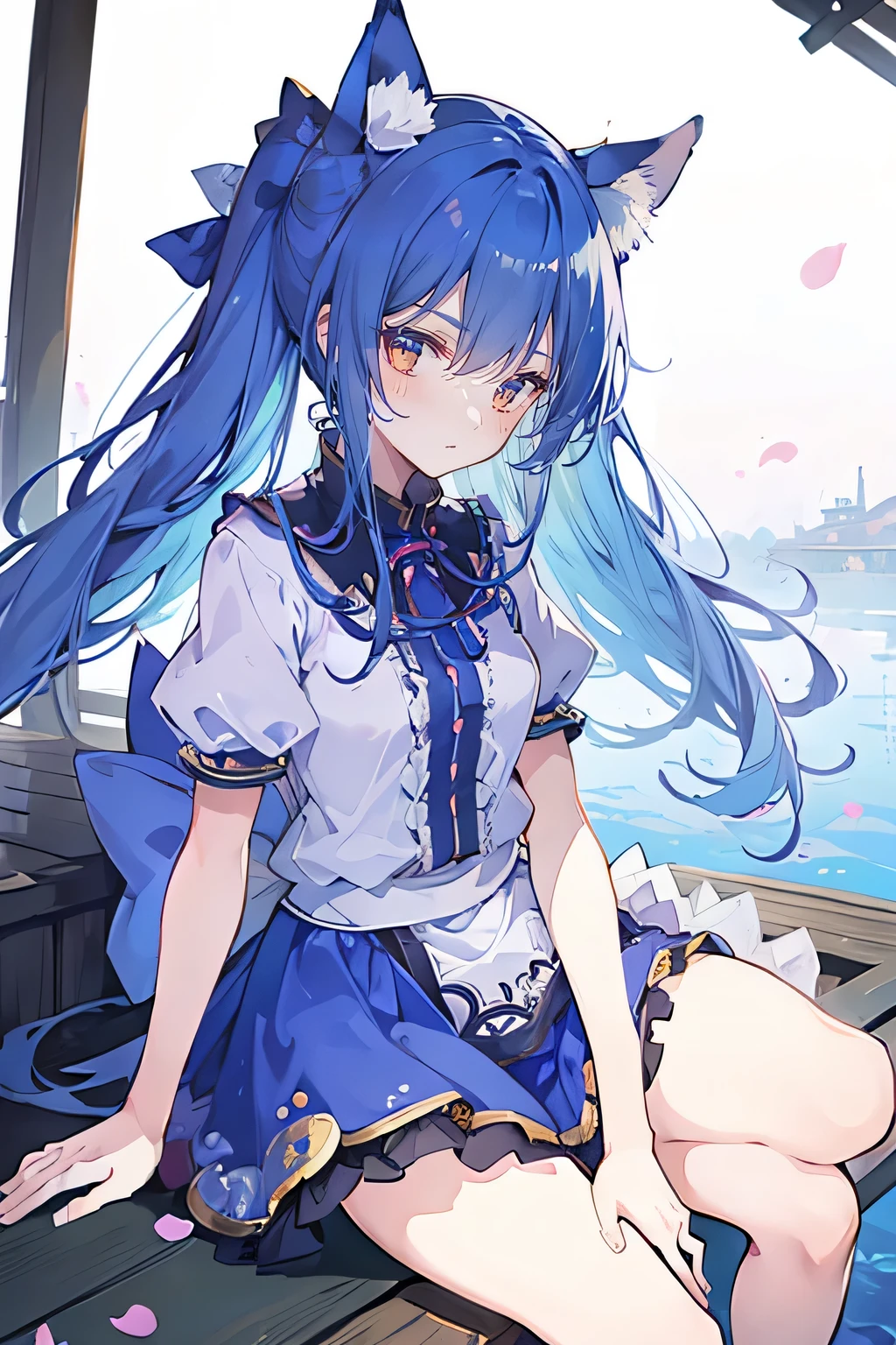 (masterpiece:1.2),ultra-detailed,realistic,expressive eyes,fair-skinned,perfectly shaped face,1girl,
Japanese cartoons,Gorgeous blue hair, flowing blue hair,floating clothes,cat ears,petals falling,beautiful Lola,Hina Angel,
hands on waist,gracefully sitting on the ground,legs crossed,gentle and serene background,cool and comfortable pavilion.