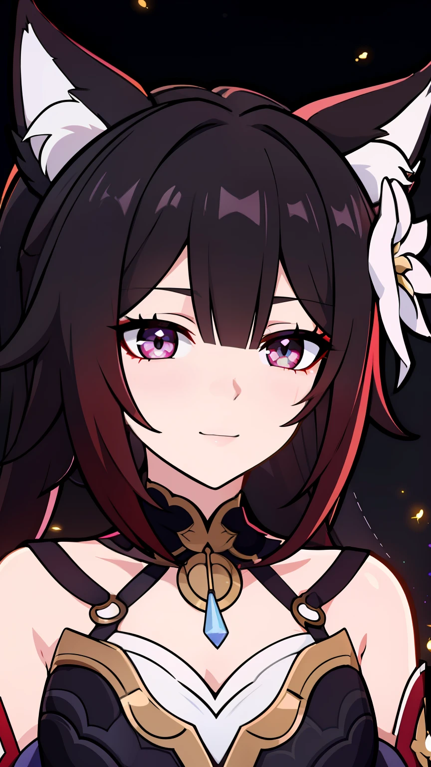 (high-quality, breathtaking),(expressive eyes, perfect face) 1girl, female, solo, portrait, honkai star rail inspired, medium, cheerful expression, Fox ears, Symmetrical Eyes, black background, fireflies background, soft lights, long hair length, soft smile. flower broch
