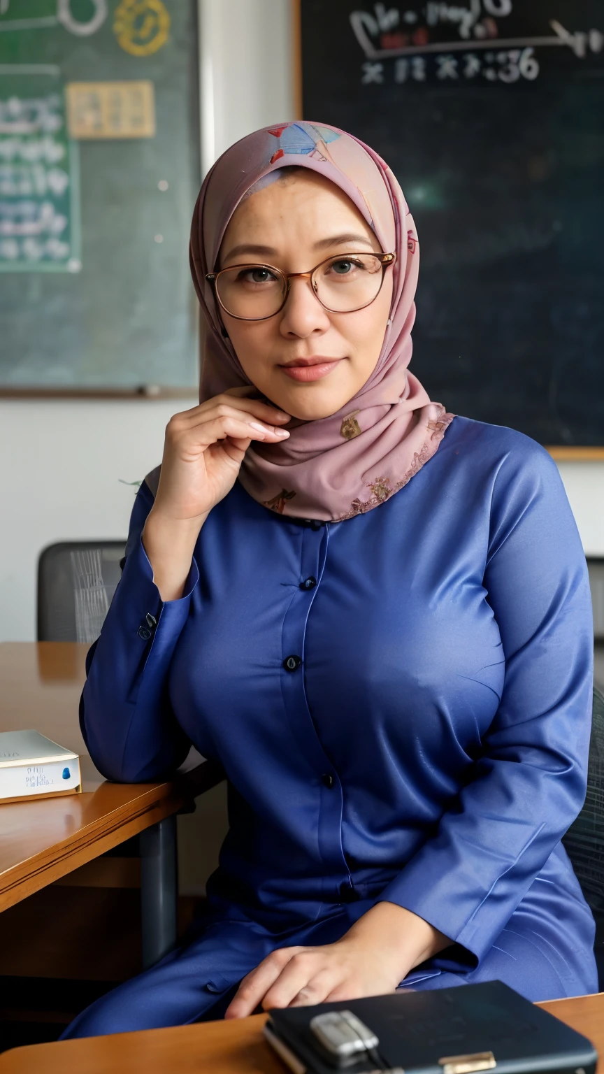 ((beautiful Nerd malaysia college Lecturer woman)), 45 Years old, Middle age woman, name mira filzah brown eye, wearing nerd eyewear,tudung muslim,modernbaju kurung look rich,calm,confident,happy,beautifull body,looking at viewer, sitting on desk in classroom, (photo, photorealistic:1.37), (ultrahigh-res), half body, walking pose, hyper detailed POV, by lee jeffries, nikon d850, film stock photograph ,4 kodak portra 400 ,camera f1.6 lens ,rich colors ,hyper realistic ,lifelike texture, dramatic lighting , cinestill 800, (huge breasts 1.3)