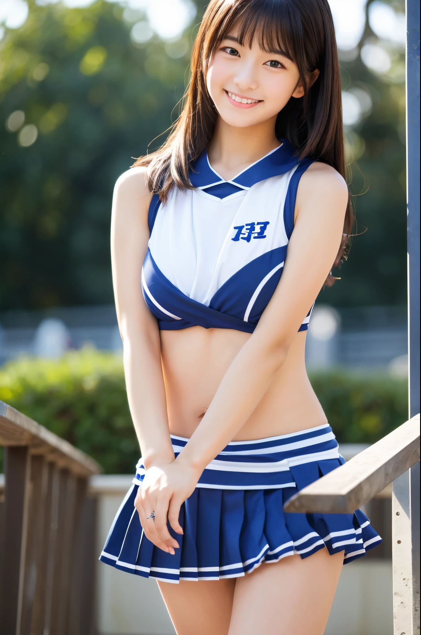 A 17-year-old Japanese girl with a very cute idol-like face.。Gentle and cute。Please smile kindly。She is a cheerleader at school Cheerleader uniforms are bikini-style and show off cleavage larger bust full body figure Running in the schoolyard Raw photo real genuine High definition real life No copyright notice
