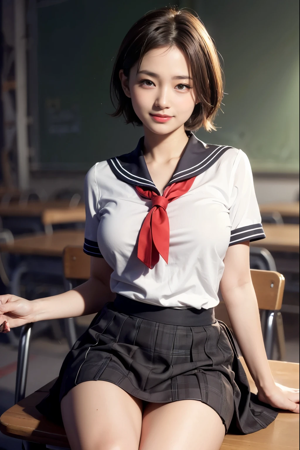(reality: 1.4),highest quality, masterpiece, high detail, 16K quality, beautiful, 1 beautiful girl,japanese,super beautiful face,baby face,japanese idol face,cute face,super detailed face,detailed hand,beautiful skin,oily skin,big eyes,profeccional lighting,short hair,black hair,brown beautiful eyes, sitting whith knee up,arms behind back,big smile,legs spread,spread pussy,(skirt lift),big breasts,(sailor suit),(checked skirt),(spread pussy),detailed pussy,black high socks,she is looking at the camera,classroom,nsfw,from below,