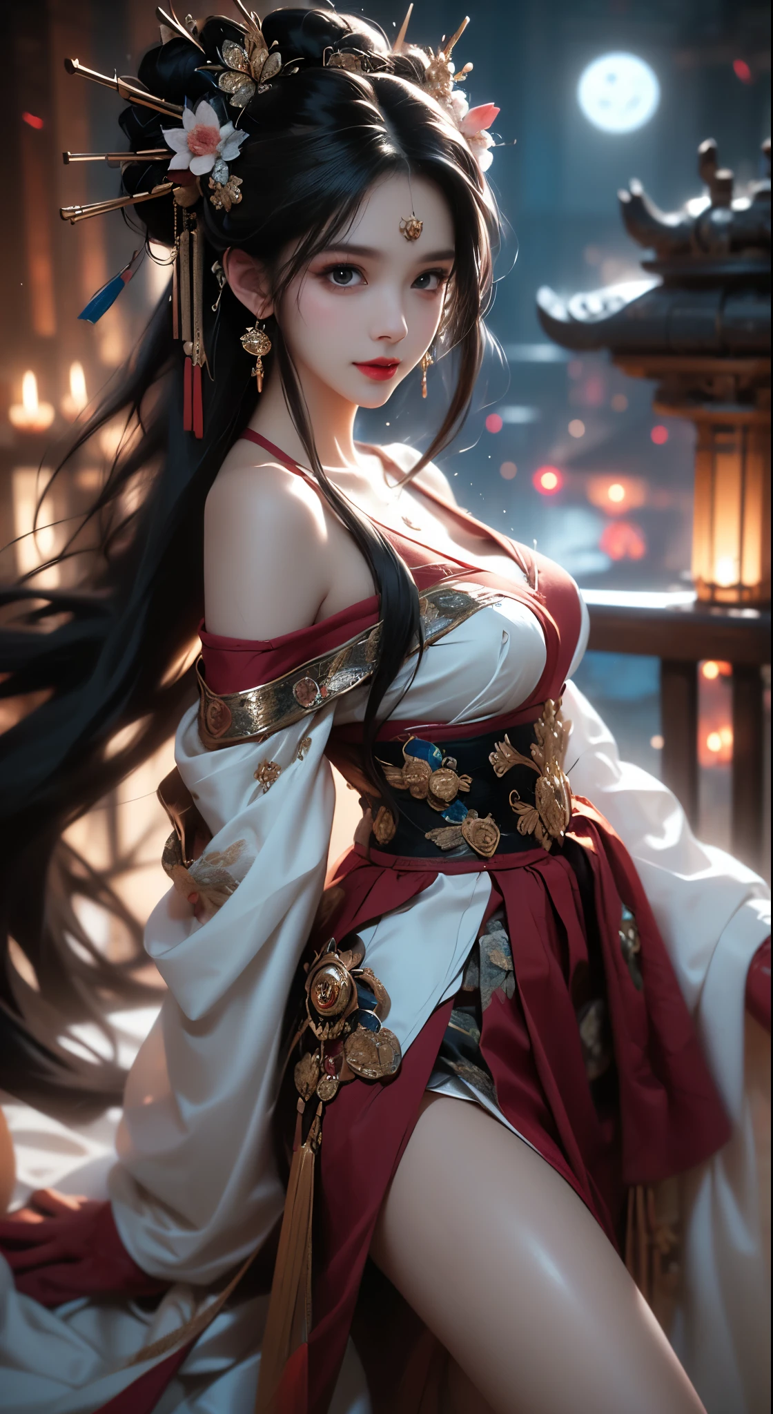 ((Bare shoulders)), ((Full breasts)), ((The skirt is short)), ((Sexy legs)), ((whole body)), Practical, Fashion girl, Red lips, Mature women, Exquisite makeup, big eyes, beautiful, (best quality, masterpiece:1.2), Ultra Detailed, (Practical:1.37), ((Random scenes, Random shooting angles)), ((Sexy long legs)), Young and energetic, Charming model, (Delicateeyes, Delicate lips), Show a bright smile, Create stunning girl images, warm color, Very high color saturation, Official Art, Extremely detailed CG, Unity 8K Wallpaper, (High Dynamic Range :1.4), (Movie atmosphere),(Soft colors), (Natural skin texture, ultra-Practical, Soft Light, sharp),(Very detailed), night, moonlight