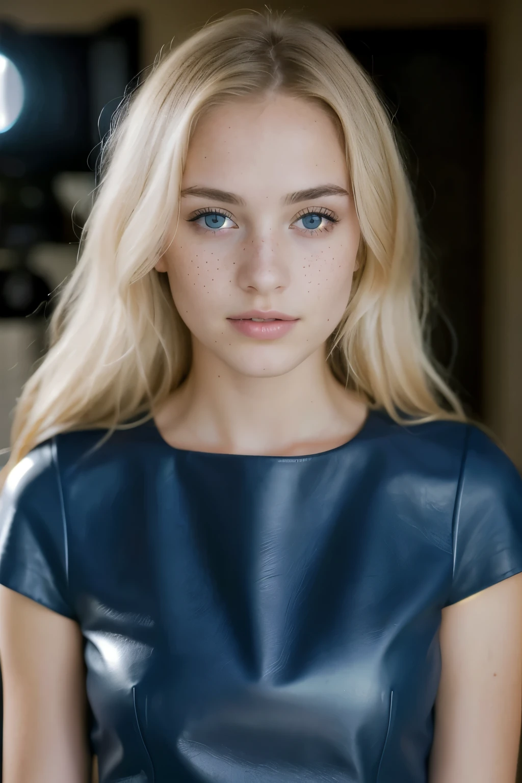 Photo of a girl, cute face, barely noticeable freckles, Textured leather, goosebumps, beautiful blonde, beautiful blue eyes, Holder for 160 flowers, filmed on ARRI ALEXA 65, sharp focus on the subject, light fabric dress, The face looks straight into the camera, full face, plump lips, open mouth, sexy, This 21-year-old represents a unique mix of cultures: her eyes are deep, like the Atlantic Ocean, fine details of the face with visible freckles, stains and natural oils, shot on a Canon EOS R3 mirrorless camera, hyper realistic skin rendering, showing off every pore, hair, dynamic evening lighting, natural beauty, realistic facial features, Vogue Portugal cover photography style, Beautiful neck, clover necklace