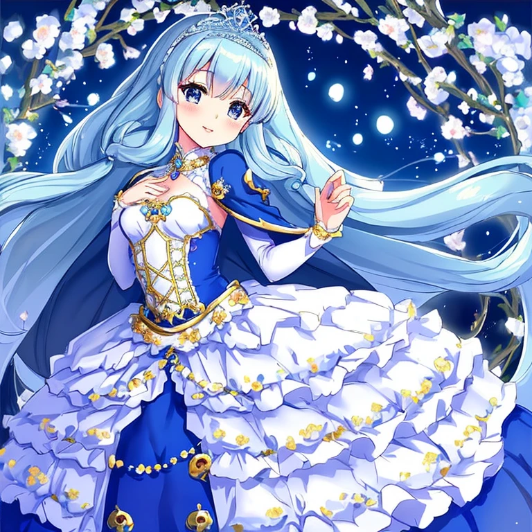 kawaii, best quality,(long train blue cape:1.1),(long train white ball gown with flowers:1.1), a girl is wearing a cape over her dress, anime style, rococo style, little princess, tiara, kind smile, very long hair, small breast, beautiful detailed eyes, beautiful detailed lips, perfect fingers, masterpiece