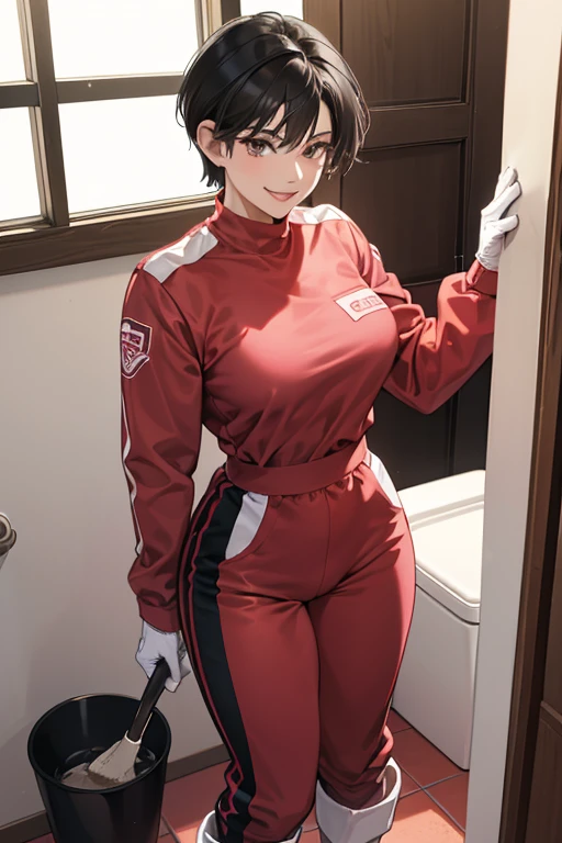 A muscular, short-haired, black-haired mature woman wearing a red long-sleeved, long-pants gym uniform, pink rubber gloves and white rubber boots, smiling gently as she cleans the school toilets