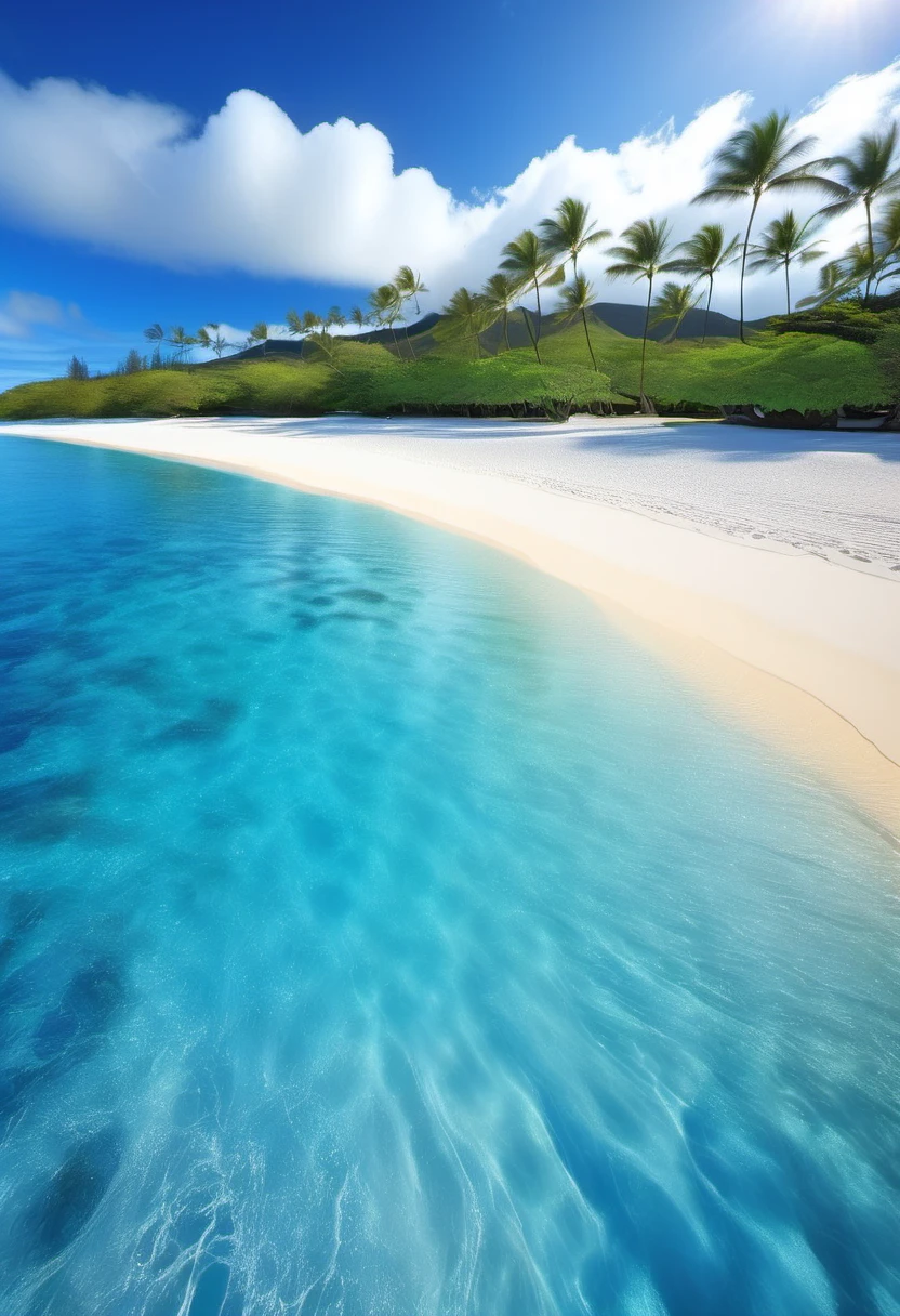 Hawaii's endless beaches、blue sky、Shiny water、White sand beach palm trees tropical spectacular fine white sand beach paradise white sand、Blue water and sunshine are ideal elements for vacation. Enjoy beach relaxation and sea activities at the resort on the beach.。best quality, High Detail, masterpiece, wide angle lens of movie scene, Ultra wide angle