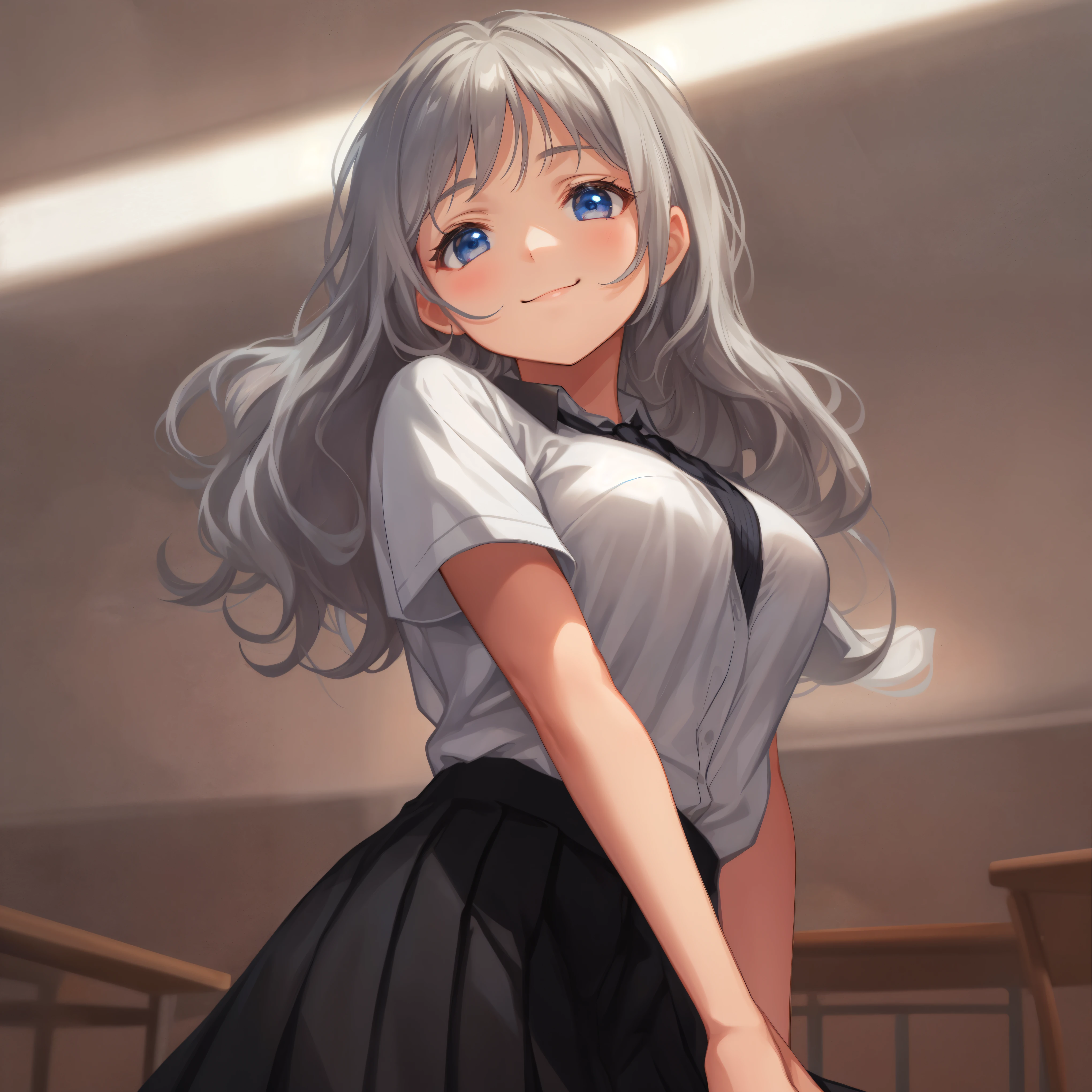Beautiful illustrations,closed mouth,Looking away,highest quality, smile,pretty girl,brush,Hold your chest in your arms,{{beautiful large breasts 1:4}},Black pleated skirt,shirt,classroom,High-quality backgrounds,Slanted Eyes,From Below,medium short wavy silver hair1;4,Black cardigan,Red ribbon,Detailed shirt chest wrinkles,{{{high school girl}}},BREAK,{{beautiful blue eye1:4}},BREAK,Five fingers,smile