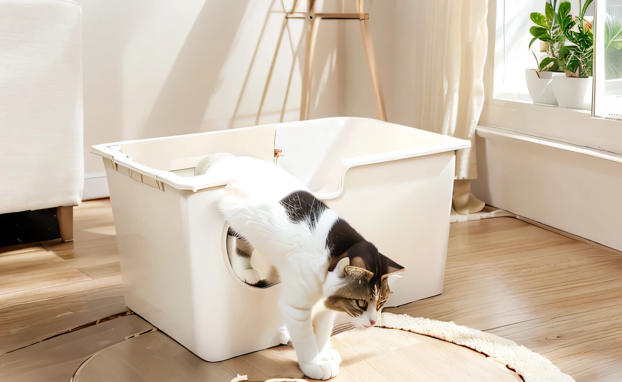 A cute kitty is walking out of a large beige litter box,Natural light and shadow,Hyper-realistic scenes,Warmth and comfortable indoor environment,Wood floor,Product photography,High-end,Warmth,The corners of the cat litter box are rounded,Cute Kitten,Beige cat litter box with frosted exterior