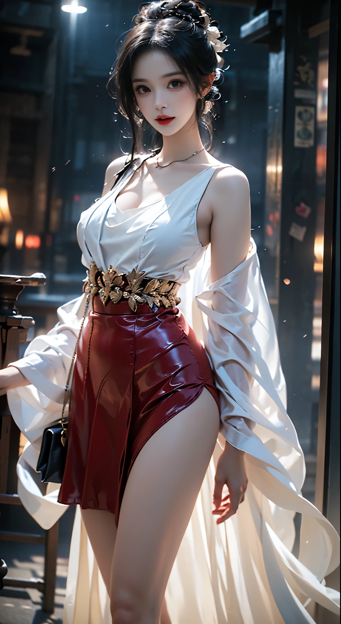 ((Bare shoulders)), ((Full breasts)), ((The skirt is short)), ((Sexy legs)), ((whole body)), Practical, Fashion girl, Red lips, Mature women, Exquisite makeup, big eyes, beautiful, (best quality, masterpiece:1.2), Ultra Detailed, (Practical:1.37), ((Random scenes, Random shooting angles)), ((Sexy long legs)), Young and energetic, Charming model, (Delicateeyes, Delicate lips), Show a bright smile, Create stunning girl images, warm color, Very high color saturation, Official Art, Extremely detailed CG, Unity 8K Wallpaper, (High Dynamic Range :1.4), (Movie atmosphere),(Soft colors), (Natural skin texture, ultra-Practical, Soft Light, sharp),(Very detailed), night, moonlight