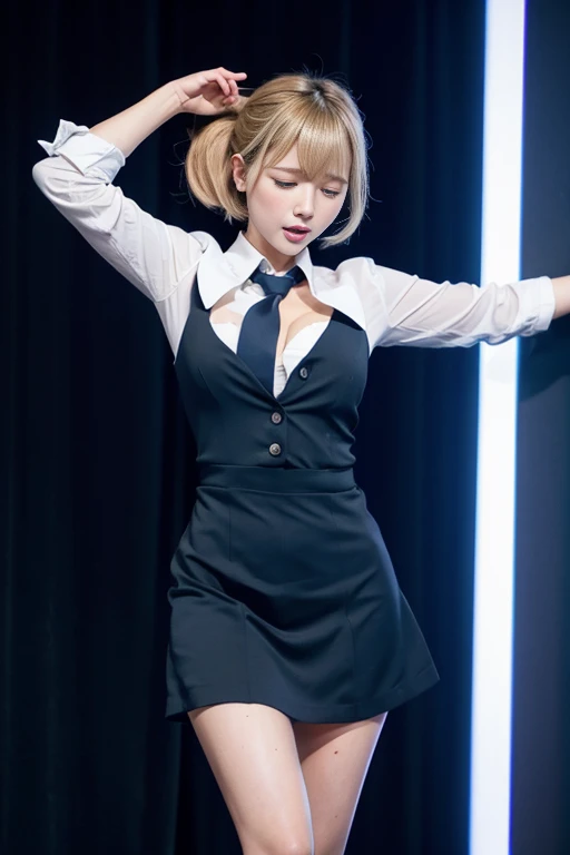 School, classroom, girl crucified on blackboard, full body, arms spread horizontally, Christ pose, (remote_play), (remote_tremble), olchan-6500-v1.1, Pyros face_v1, highest quality, masterpiece, shape, (realistic, photo realistic:1.37), amazing, detailed, change settings absurd, large file size, very detailed, high resolution, very detailed CG unity 8k wallpaper, ray tracing, browsing caution, 1 woman, Japanese, 19-year-old girl, (dark blonde medium wave hairstyle that falls over one eye. Bangs are slicked back.:1.3), (slender body),(OL, secretary, white collared shirt, micro mini skirt),(blushing:1.4),(cleavage), eyes closed, Witness an individual who is overwhelmed by the intense stimulation caused by a powerful vibrating device. A jolt of pleasure or surprise causes her to instinctively twist, her body responding to the electrical vibrations, her eyes closed and mouth open, her expression a mixture of joy and sadness, surprise, and a hint of vulnerability. The energy of the scene is palpable, and the viewer is invited to share in the thrilling experience on this theme, red collar, slavery, shackles
