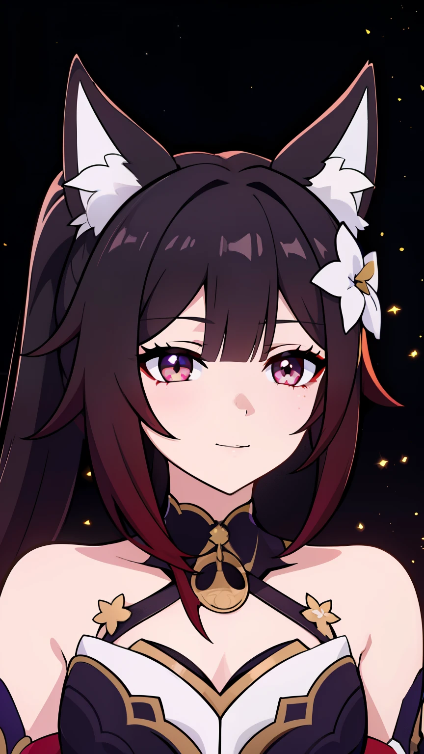 (high-quality, breathtaking),(expressive eyes, perfect face) 1girl, female, solo, portrait, honkai star rail inspired, medium, cheerful expression, Fox ears, Symmetrical Eyes, black background, fireflies background, soft lights, long hair length, soft smile, flower broch
