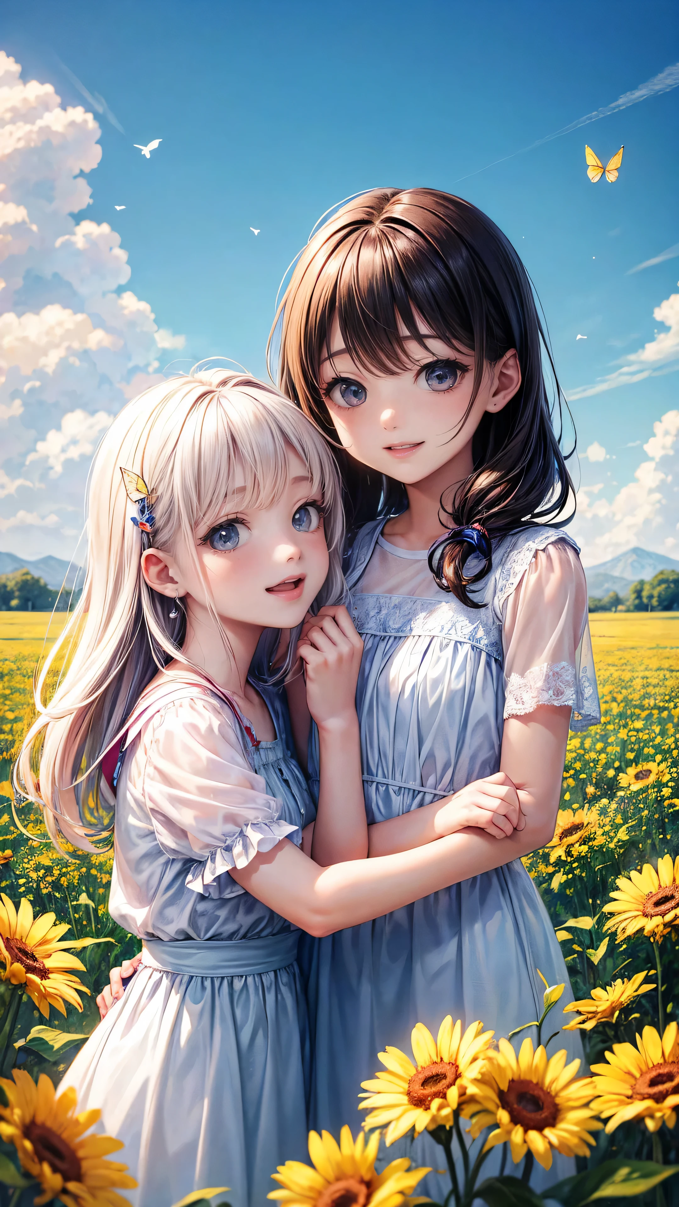((best quality)), ((masterpiece)), (detailed), perfect face of the couple starring each other in the middle of the daisy garden.
