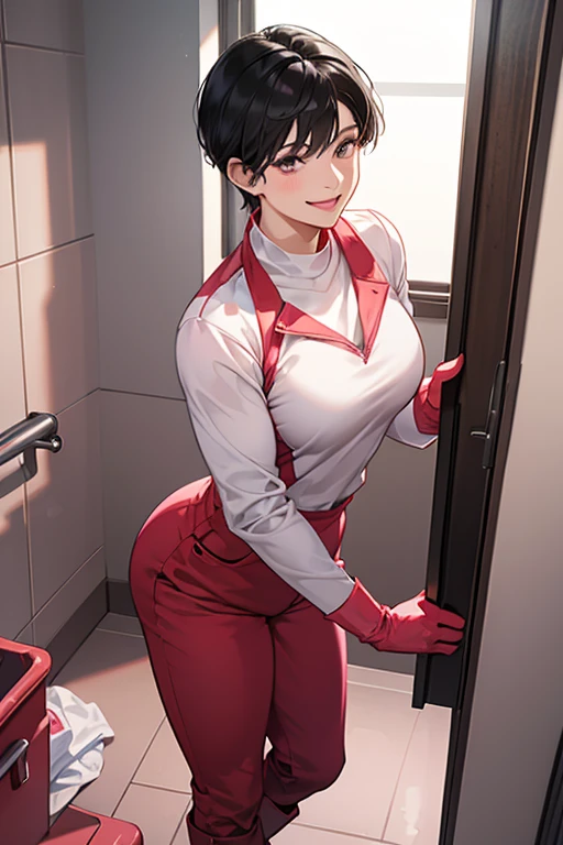 A muscular, short-haired, black-haired mature woman wearing a red long-sleeved, long-pants gym uniform, pink rubber gloves and white rubber boots, smiling gently as she cleans the school toilets.