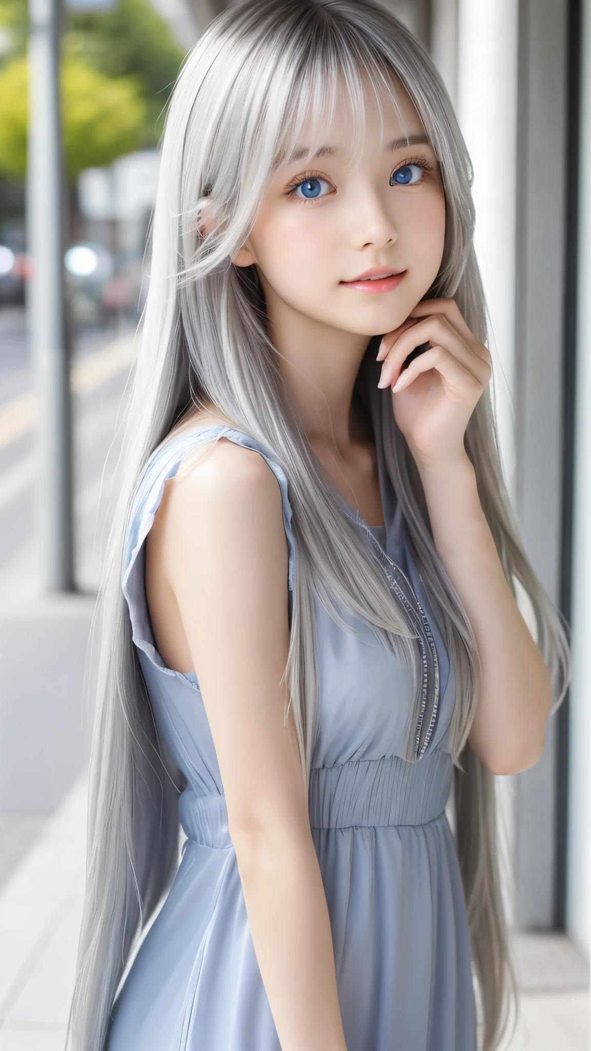 Shining, clear, white skin、Her windblown silver hair hides her beautiful face.、huge、28 years old cute sexy little beautiful face、Beautiful straight hair that stands out、growing up, Sparkling light blue eyes、long silky bangs that cover cute eyes, Sexy and cute young woman with super long hair hiding her sexy face、shining silver hair