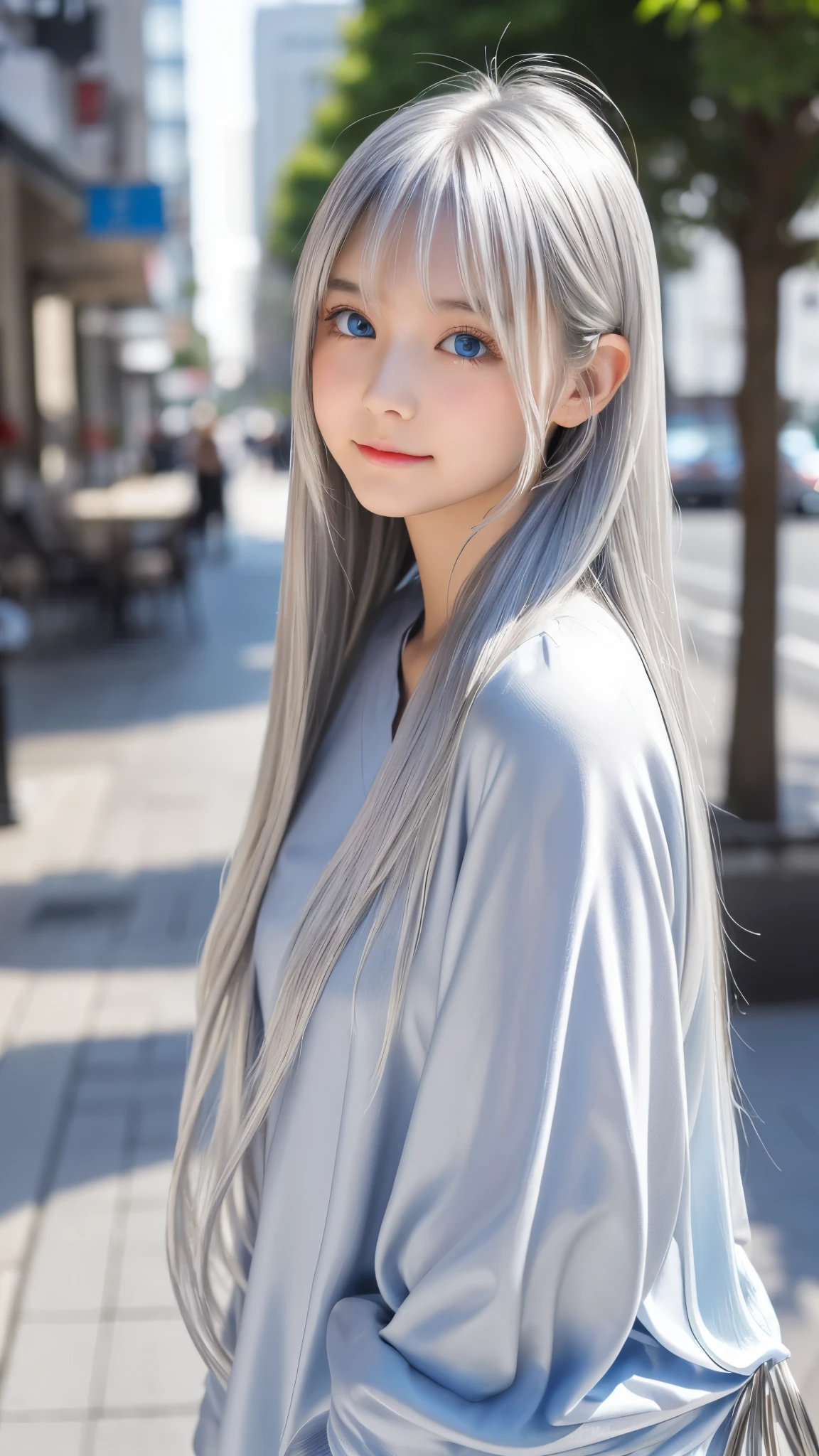 Shining, clear, white skin、Her windblown silver hair hides her beautiful face.、huge、28 years old cute sexy little beautiful face、Beautiful straight hair that stands out、growing up, Sparkling light blue eyes、long silky bangs that cover cute eyes, Sexy and cute young woman with super long hair hiding her sexy face、shining silver hair