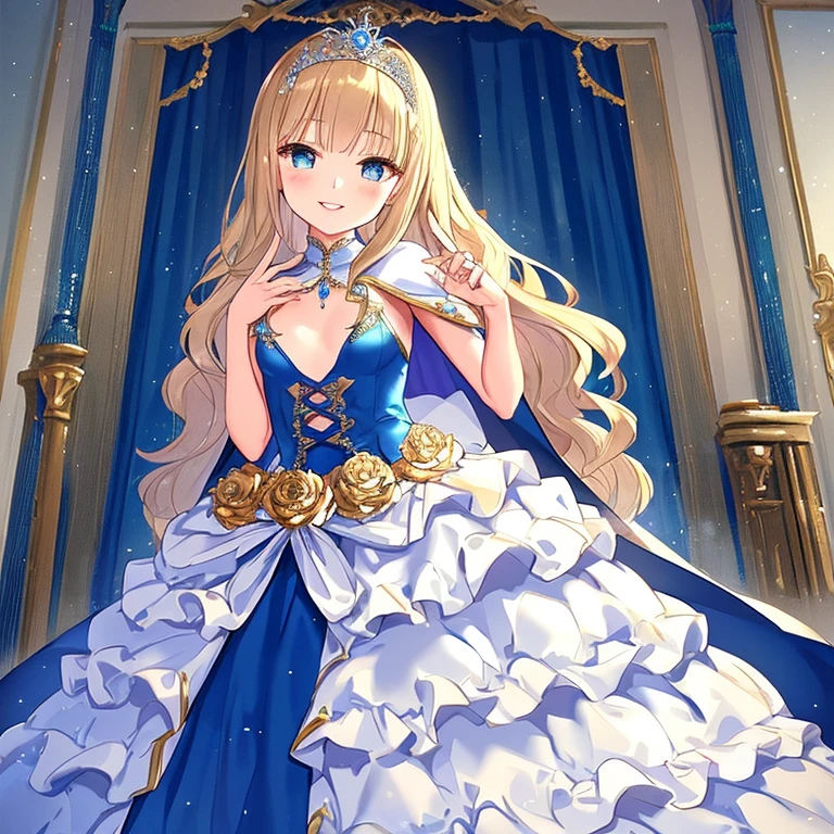 kawaii, best quality,(long train blue cape:1.1),(long train white ball gown with flowers:1.1), a girl is wearing a cape over her dress, anime style, rococo style, little princess, tiara, kind smile, very long hair, small breast, beautiful detailed eyes, beautiful detailed lips, perfect fingers, masterpiece