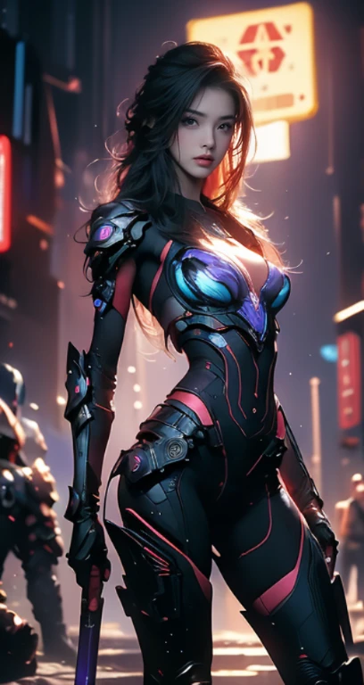 Realistic picture 8k,Masterpiece,Highest quality,Maximum details,anatomy,hips up,Complete dynamic composition,Bright natural light that is easy on the eyes,1 girl,alone,cyberpunk robot, violet
body,There are neon lights on the machinery.,Body Machinery,