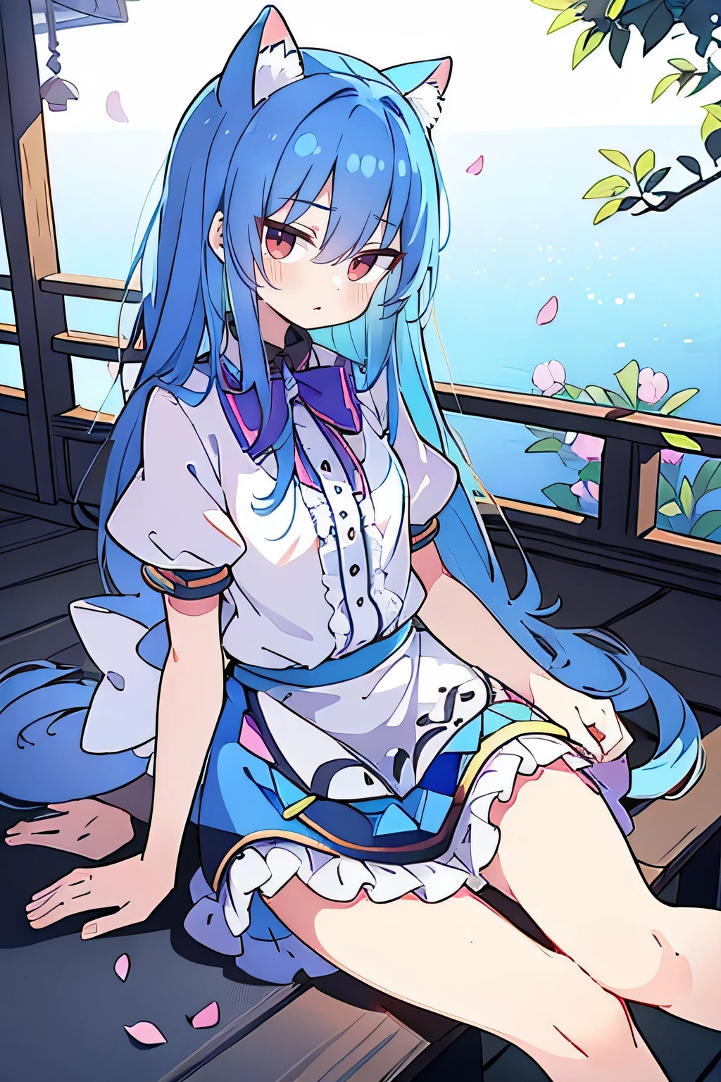 (masterpiece:1.2),ultra-detailed,realistic,expressive eyes,fair-skinned,perfectly shaped face,1girl,
Japanese cartoons,Gorgeous blue hair, flowing blue hair,floating clothes,cat ears,petals falling,beautiful Lola,Hina Angel,
hands on waist,gracefully sitting on the ground,legs crossed,gentle and serene background,cool and comfortable pavilion.
