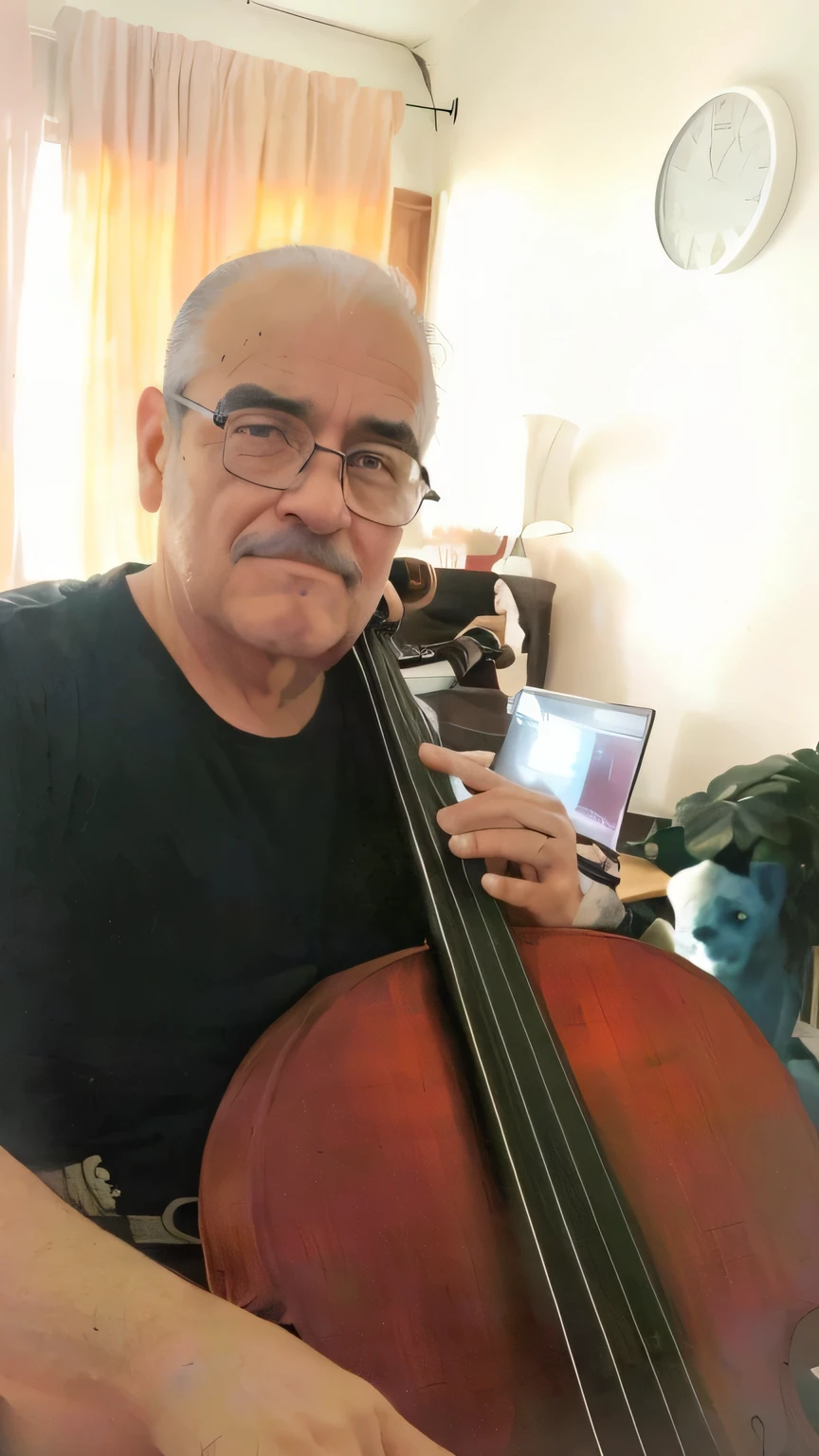 Arafed man holding a cello in a living room with a laptop, cello, contrabajo, album photo, bajista, gogos de albahaca, manuel sanjulian, inspirado en Girolamo Muziano, juan caloto, inspirado por Peter Maxwell Ewart, por Edward Avedisian, pablo dominguez, pablo olivera, carlos huante, boris vallego