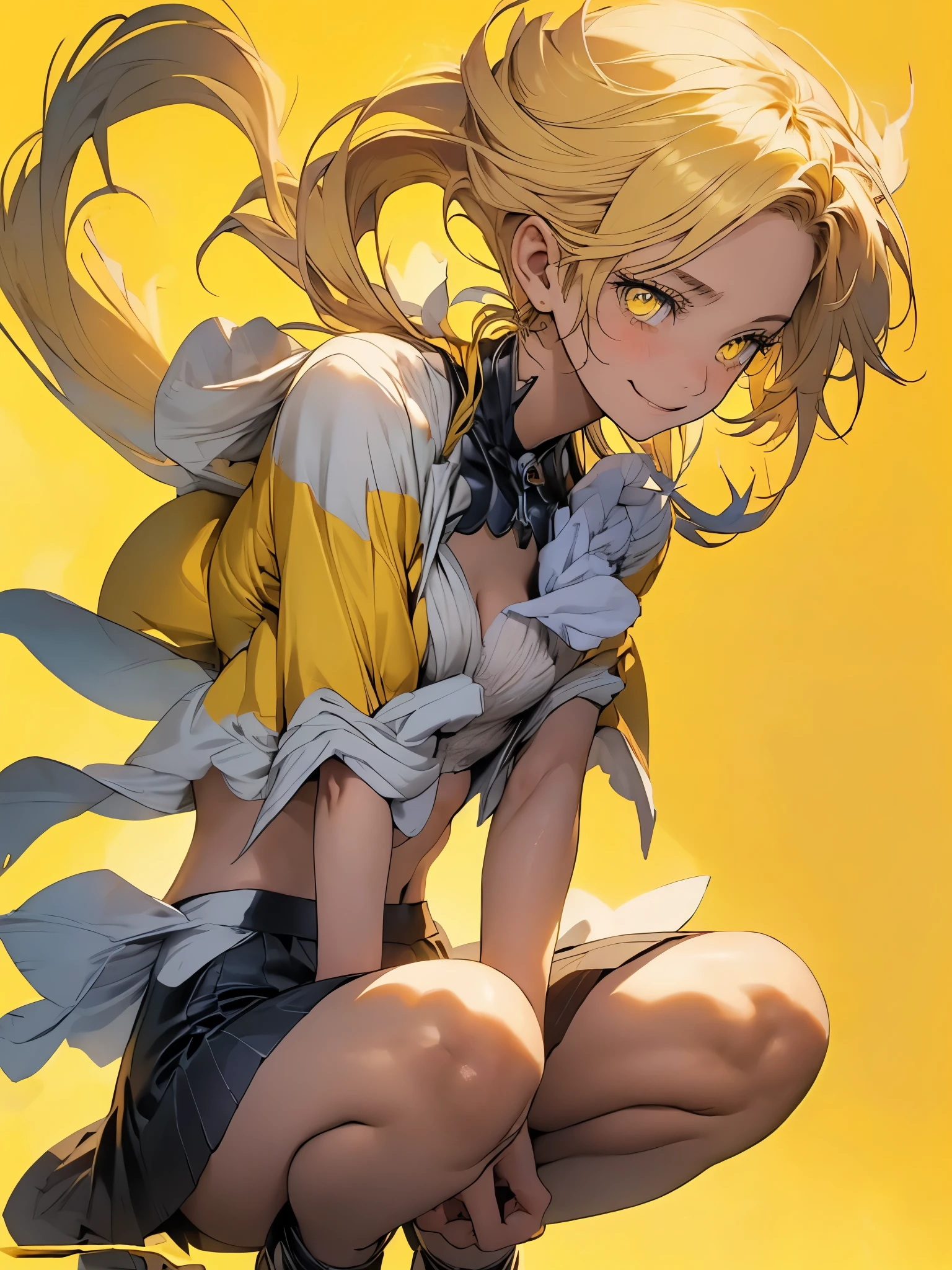 (Shiny skin,Melancholic expression、Very detailed),((1 girl)),(Perfect Face, Detailed face, Beautiful Eyes,Perfect hands,Perfect Fingers), (Medium chest:1.2,Wicked Smile:1.4),(Mature Woman:1.4),Cowboy Shot,embarrassing incident、thick,throw, (From below:1.4),short hair, Straight HARE,((Black Suit))、((8k wallpaper)),Bare Chest,Cleavage, window,The chest comes out,Transparent clothes、(((Yellow background:1.5)))、Place your arms behind your back、ＥＭPose according to bust size、(A gust of wind blowing from beneath your feet:1.2)、((Make sure nothing is visible except the person))、((Black tight skirt)),index, (Yellow Eyes:1.5), ((Yellow Hair)), Long Hair, habit,sit、Thin legs,Open towel、Pantascular Pussy、Squat、ginkgo leaf、Yellow tree、Yellow across the board、Reveal、((Perfect hands))