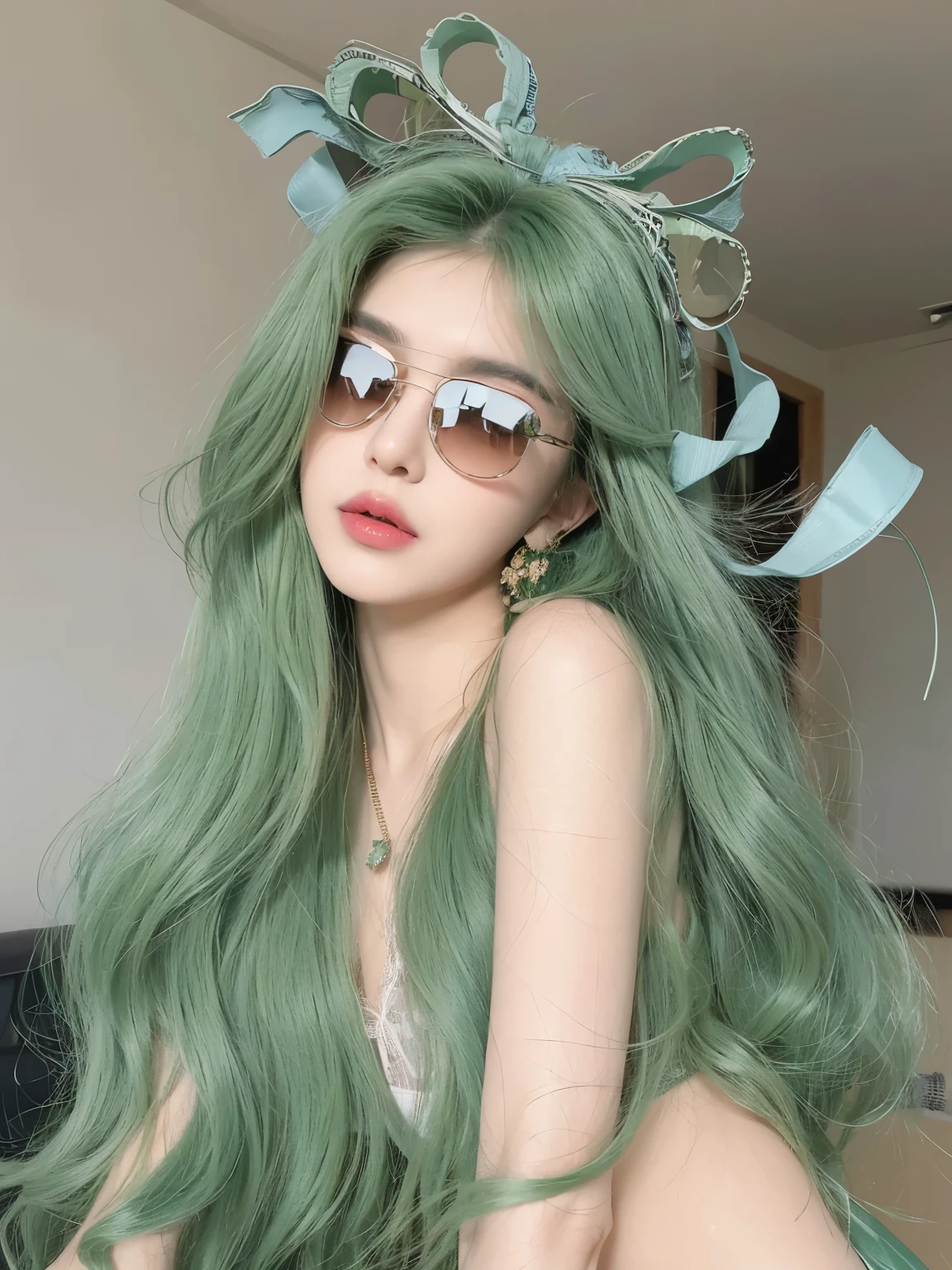 masterpiece, best quality, Girl with green hair,Long curly green hair,Detailed facial structure,pretty girl,Wearing sunglasses