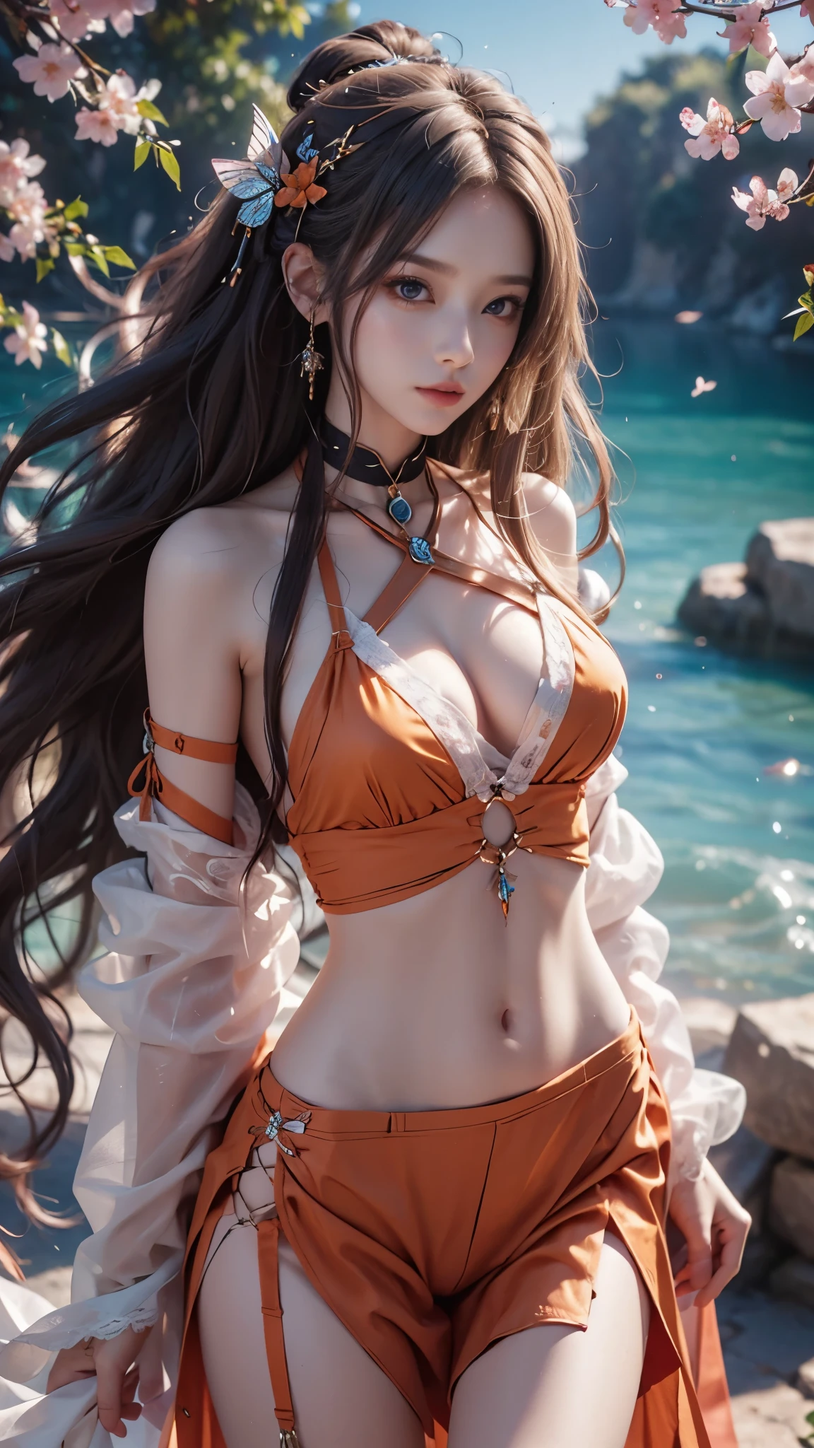 8K, ultra hd, masterpiece, hd colors, 1 girl, perfect face, very long curly hair, detailed eyes, simple clothing, ((orange clothing)), stocking, ((criss-cross lace)), very long sardine, straps, strips, stomach lace, bare waist, net clothing, ((long loops)), jwellery, waterside, Realistic scenery, epic scenery, sun rising, evening, clouds, Butterfly, cherry blossom, blowing wind, perfect pose,