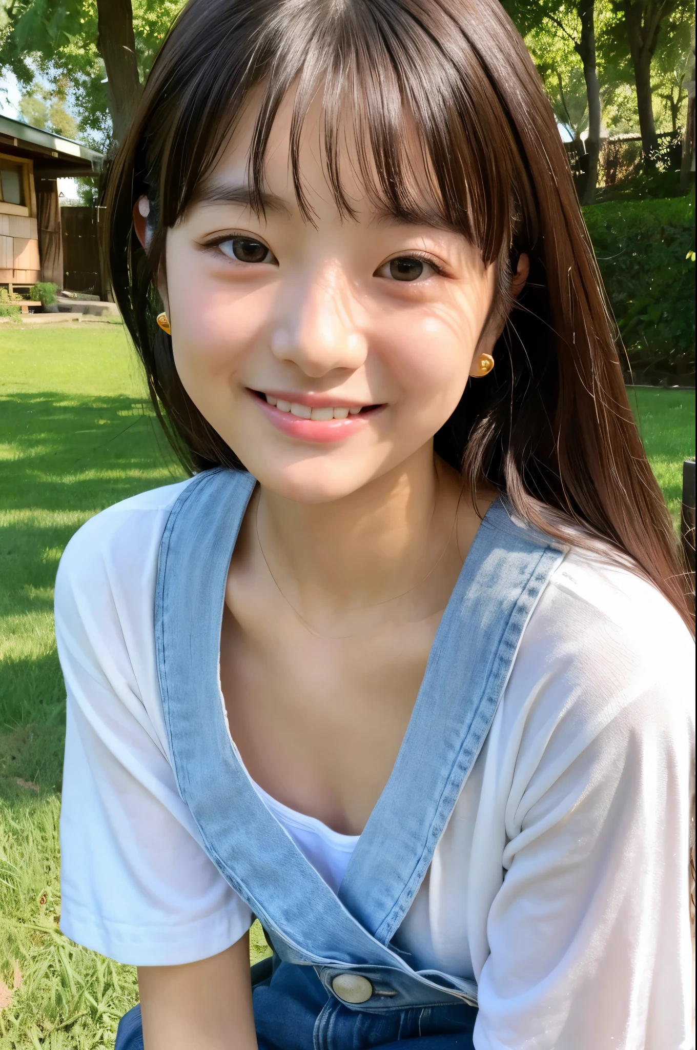 An 8-year-old girl who looks hot and pulls up her clothes((dwarves'Very thin body))((flat breast))((extreme micro head))She has a slim figure and incredibly big breasts..。She has a beautiful face with small eyes and clear skin.。Hair is short, light brown with wavy tips。You can see my chest under the folded T-shirt。((under a cherry blossom tree、flower viewing))