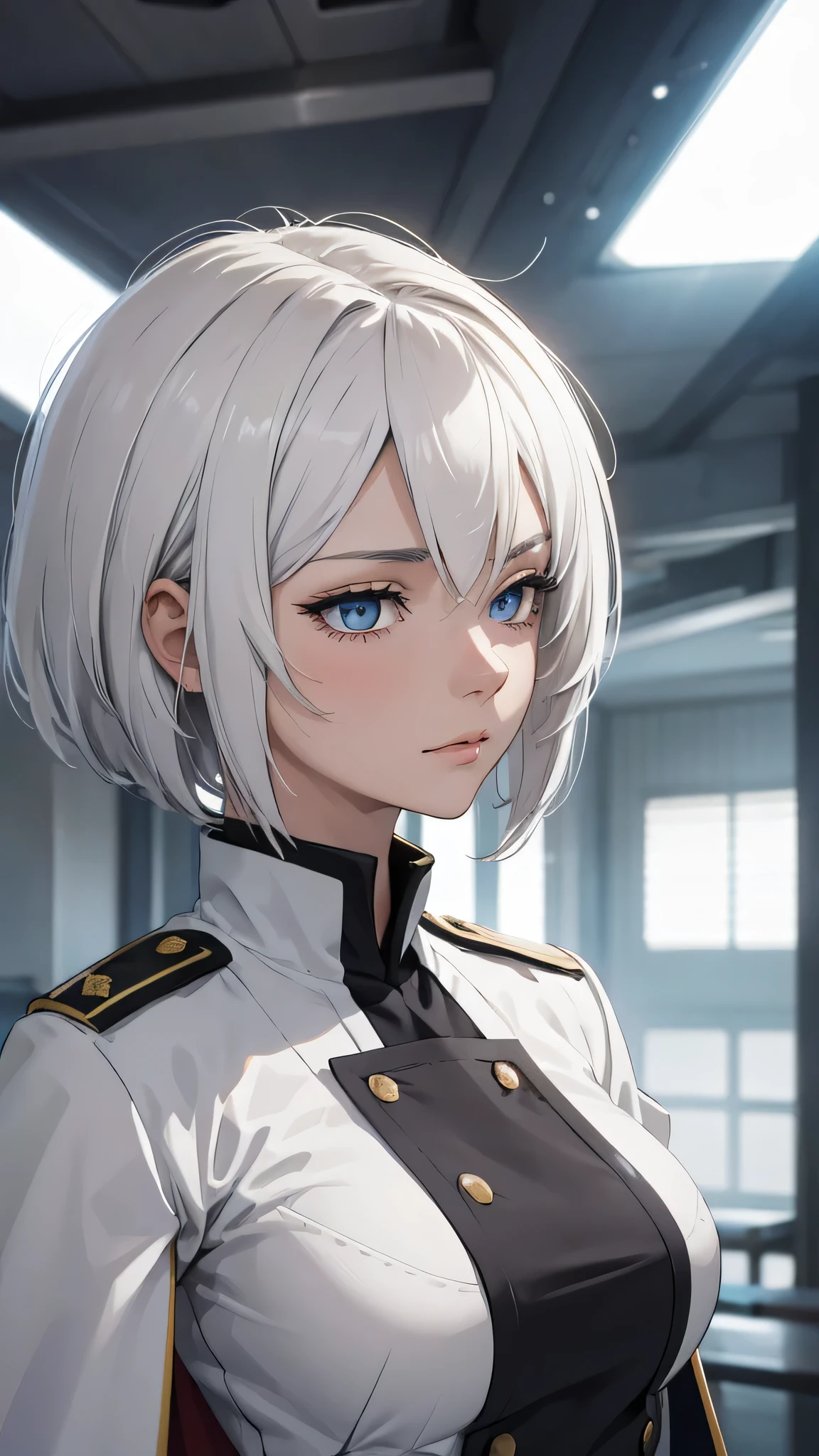 extremely detailed CG unity 8k wallpaper), (masterpiece), (best quality), (ultra-detailed), (best illustration), (best shadow), (absurdres) ,(detailed eyes), 2b, 1girl, japanese hairstyle , white hair, solo, Intimidating women, admiral uniform, night, hero pose, white clothes, General Uniform, Military Uniform, Sunlight, exposed to sunlight,commander, fighting pose, wearing cape, star shape in eyes