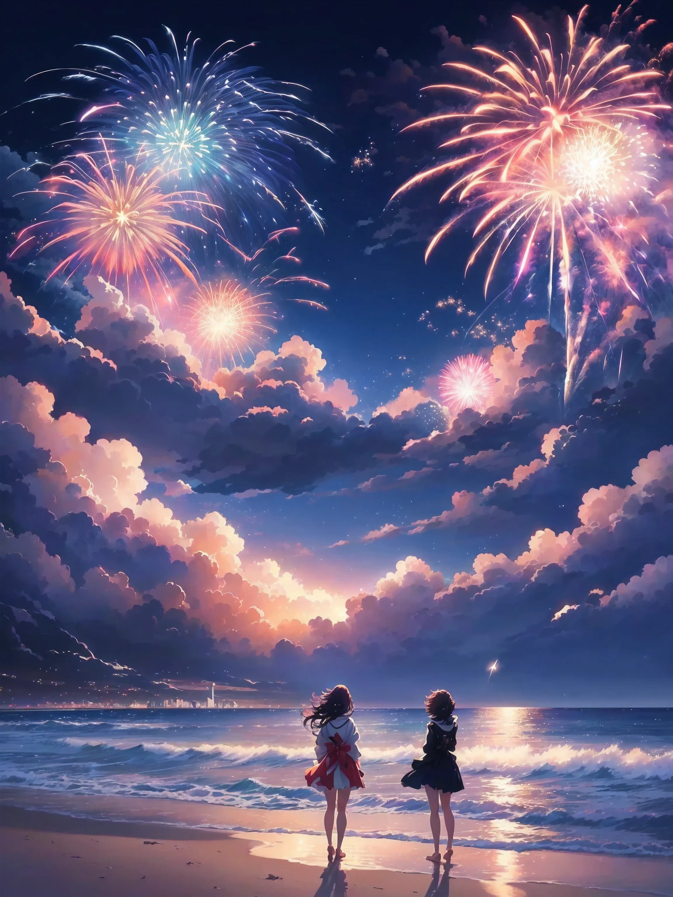 Fireworks blooming on the sea，Two girls watching, Anime Art Wallpaper 4K, anime art wallpaper 4k, anime art wallpaper 8 k, 4k anime wallpaper, [ Fireworks in the sky ]!!, Anime Wallpaper 4K, Anime Wallpaper 4K, 4k comics wallpaper, Shinkai Makoto Cyril Rolando, Amazing wallpapers, Anime style 4k