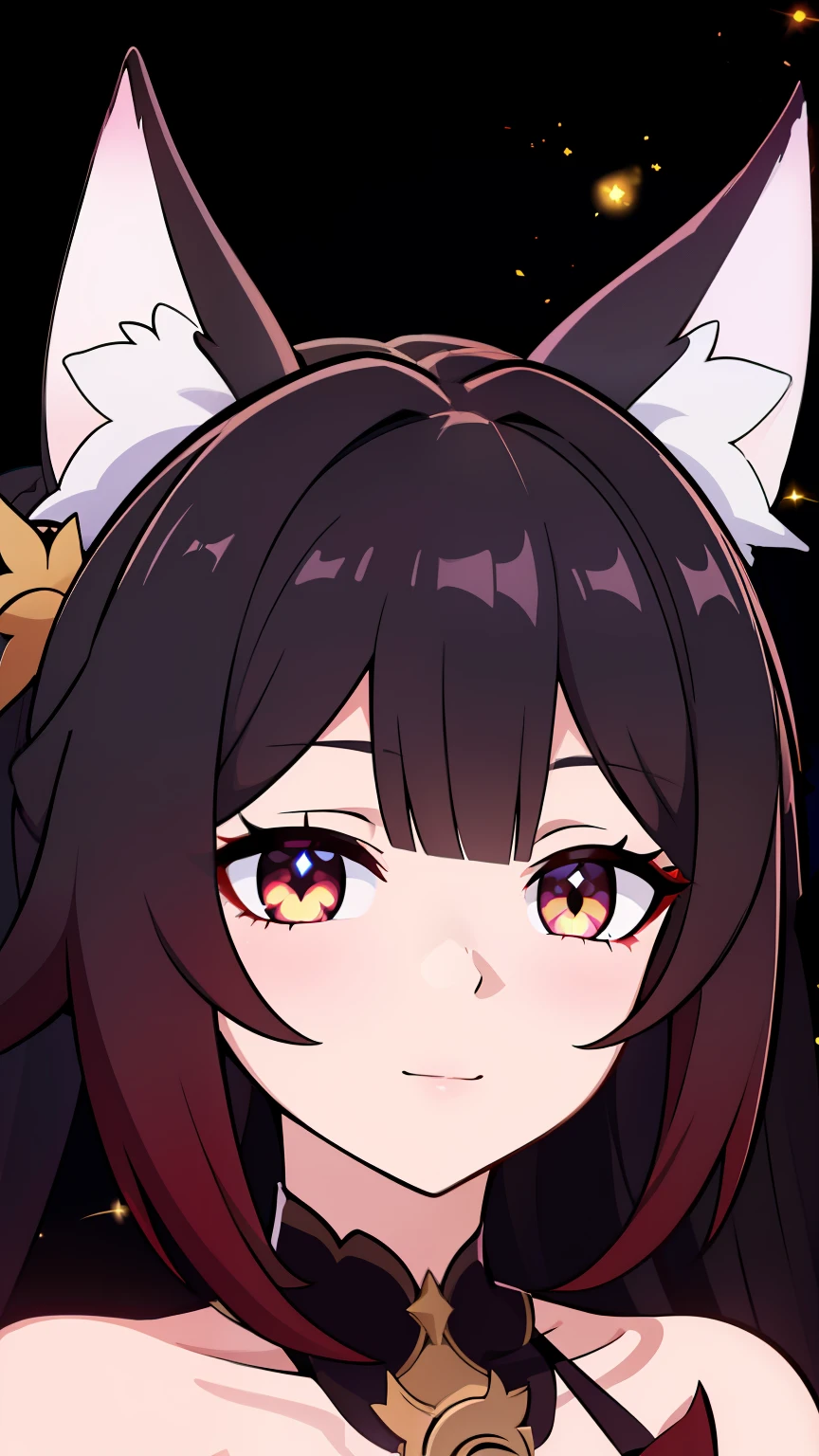 (high-quality, breathtaking),(expressive eyes, perfect face) 1girl, female, solo, portrait, honkai star rail inspired, medium, cheerful expression, Fox ears, Symmetrical Eyes, black background, fireflies background, soft lights, long hair length, soft smile, flower broch
