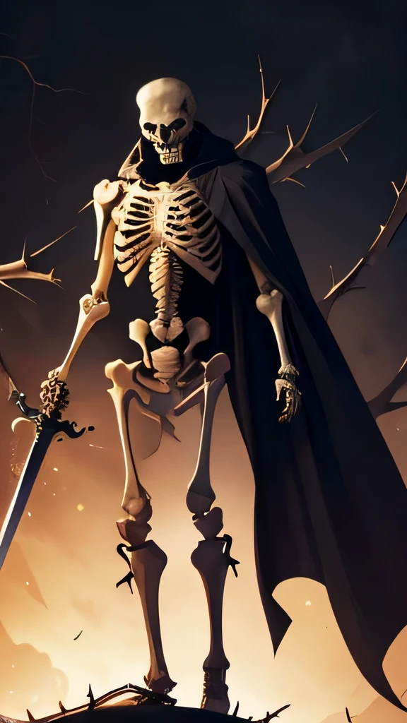 A large skeleton with all his body covered with thorns holding a big sword