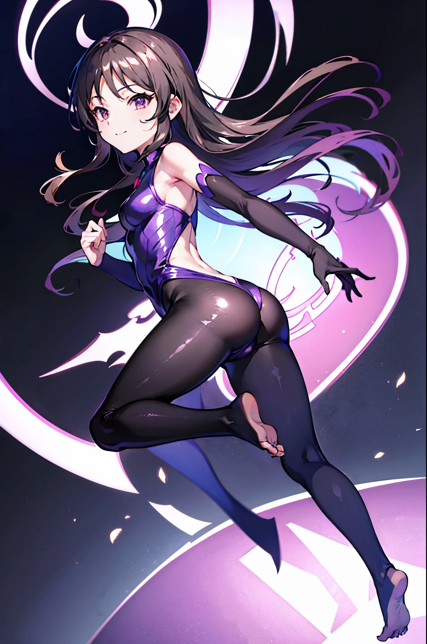 highest quality Highest quality draw the face carefully Anime style high quality face Super Glowing Skin Black full body suit Purple pantyhose barefoot Succubus lure smile Rear view Back view