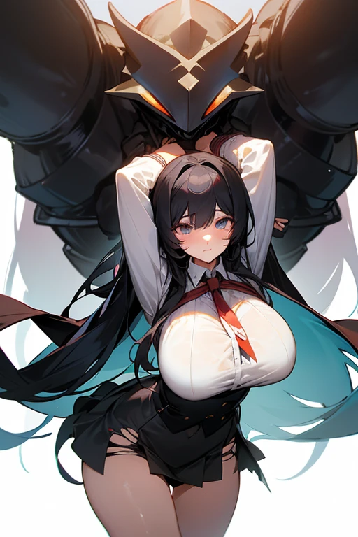 school class, an Italian girl with very long black hair, gigantic breasts, thin, and a boy hugging the girl, the girl is wearing a torn blouse and a miniskirt,