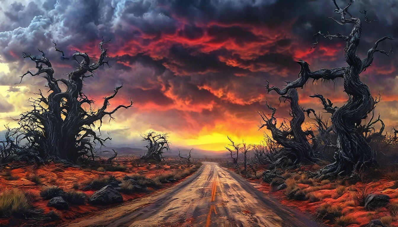 road to hell,dead trees,bloody red snake,heavy clouds,sinister,detailed matte painting,hyperdetailed charcoal drawing,oil painting by James Gurney,(best quality,4k,8k,highres,masterpiece:1.2),ultra-detailed,(realistic,photorealistic,photo-realistic:1.37),HDR,UHD,studio lighting,ultra-fine painting,sharp focus,physically-based rendering,extreme detail description,professional,vivid colors,bokeh,portraits,landscape,horror,anime,sci-fi,photography,concept artists,cooler tones,moody lighting.