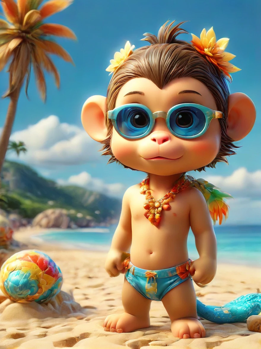 A happy monkey wearing trendy sunglasses,The fur is gently blown by the breeze,Relax on the beaches of the picturesque French Riviera,The white sandy beach blends perfectly with the clear blue sea,nearby,Colorful shells scattered randomly,Tall, sturdy palm trees sway gently against a bright blue sky,far away,sunny,Giving the quiet earth a warm glow。