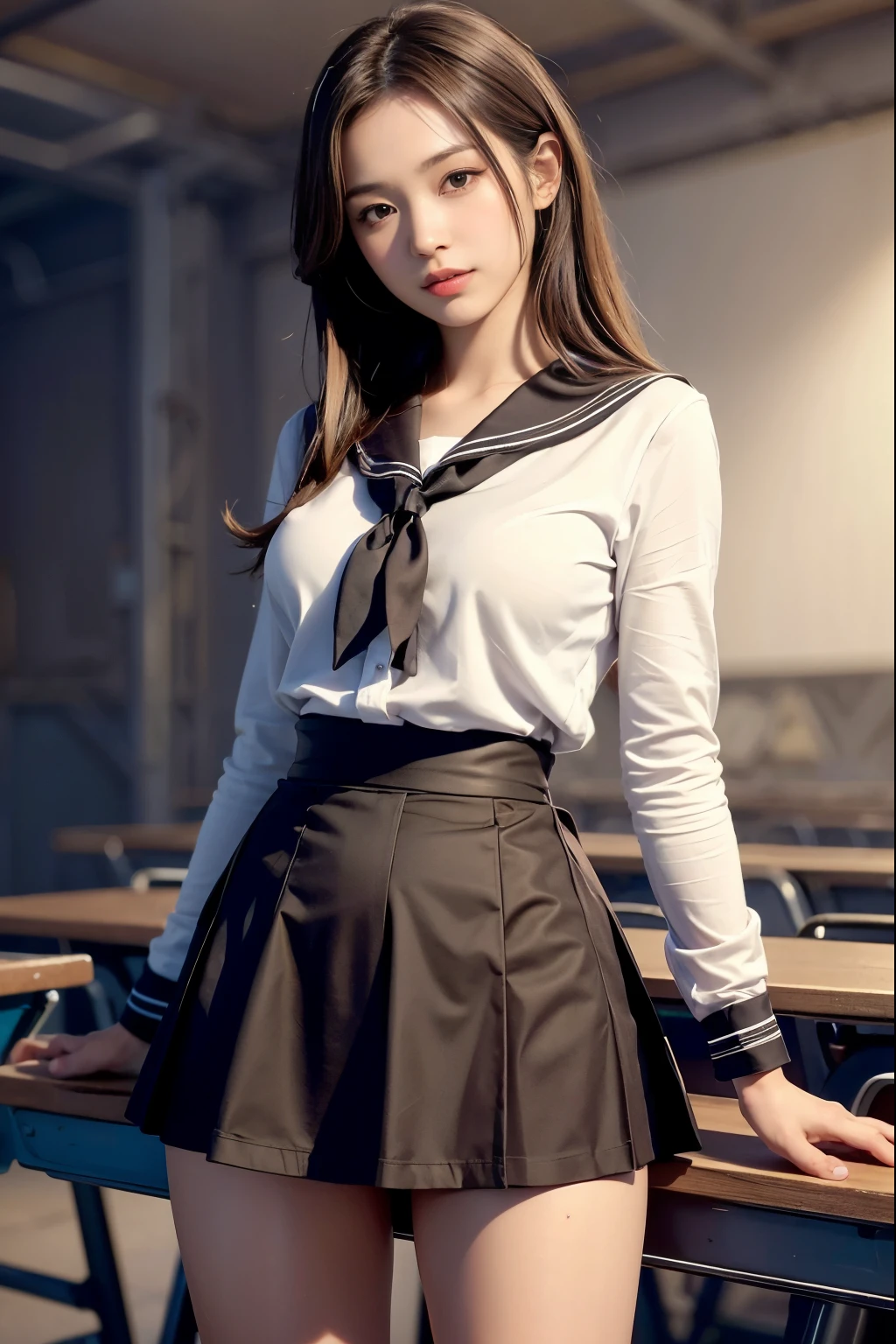 (reality: 1.4),highest quality, masterpiece, high detail, 16K quality, beautiful, 1 beautiful girl,japanese,super beautiful face,baby face,japanese idol face,cute face,super detailed face,detailed hand,beautiful skin,oily skin,big eyes,profeccional lighting,medium hair,black hair,brown beautiful eyes, standing,big smile,legs spread,spread pussy,(skirt lift),big breasts,(sailor suit),(checked skirt),(spread pussy),detailed pussy,black high socks,she is looking at the camera,classroom,nsfw,from below,