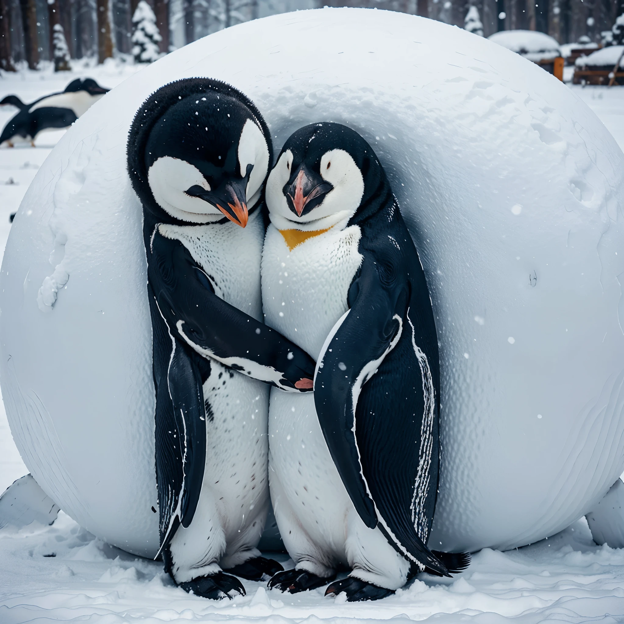 A penguin and a whale hugging each other in a snow hill